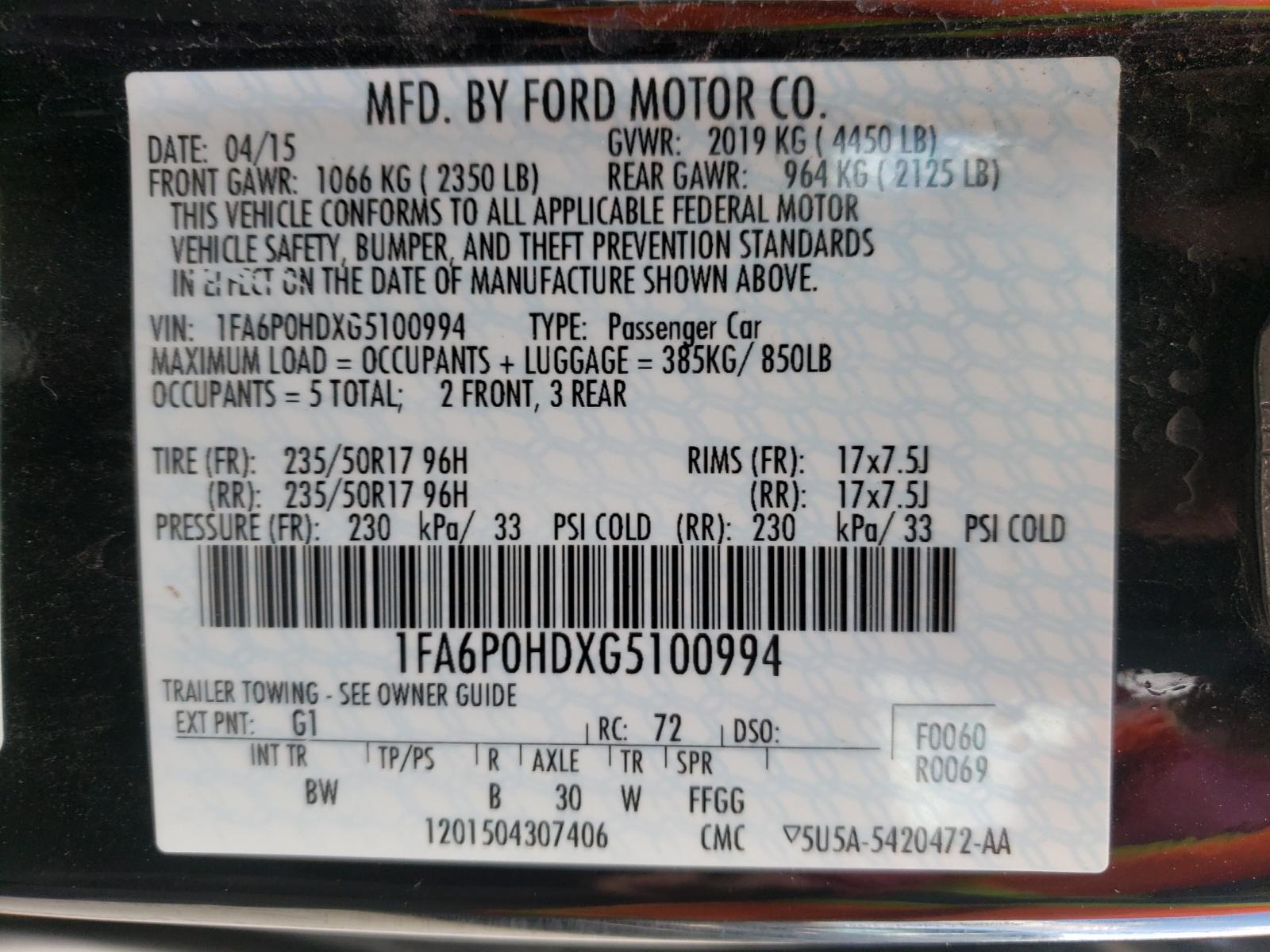 Photo 10 from auction – 2016 FORD FUSION SE with VIN 1FA6P0HDXG5100994