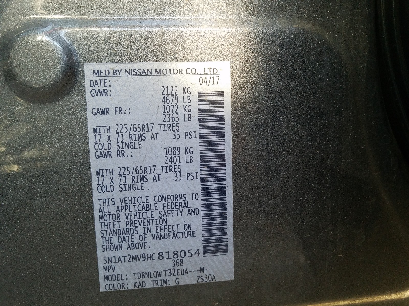 Photo 10 from auction – 2017 NISSAN ROGUE SV with VIN 5N1AT2MV9HC818054