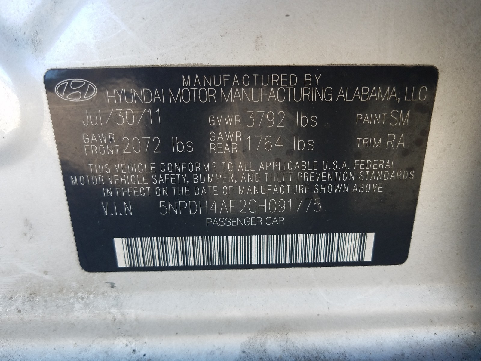 Photo 10 from auction – 2012 HYUNDAI ELANTRA GL with VIN 5NPDH4AE2CH091775