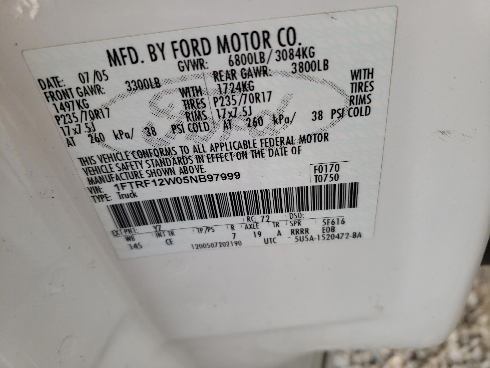 Photo 10 from auction – 2005 FORD F150 with VIN 1FTRF12W05NB97999