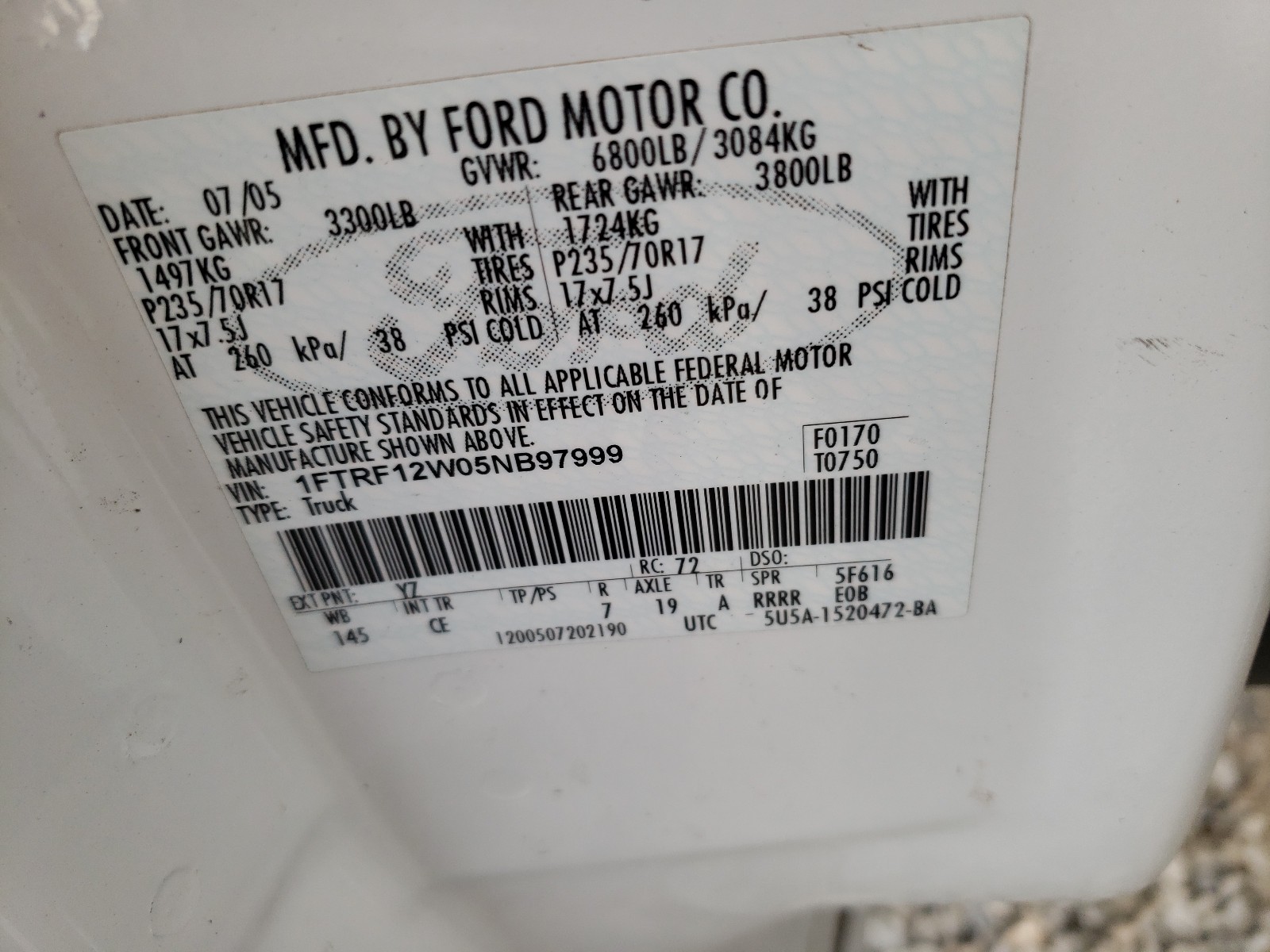صورة رقم 10 من المزاد - 2005 FORD F150 مع VIN 1FTRF12W05NB97999