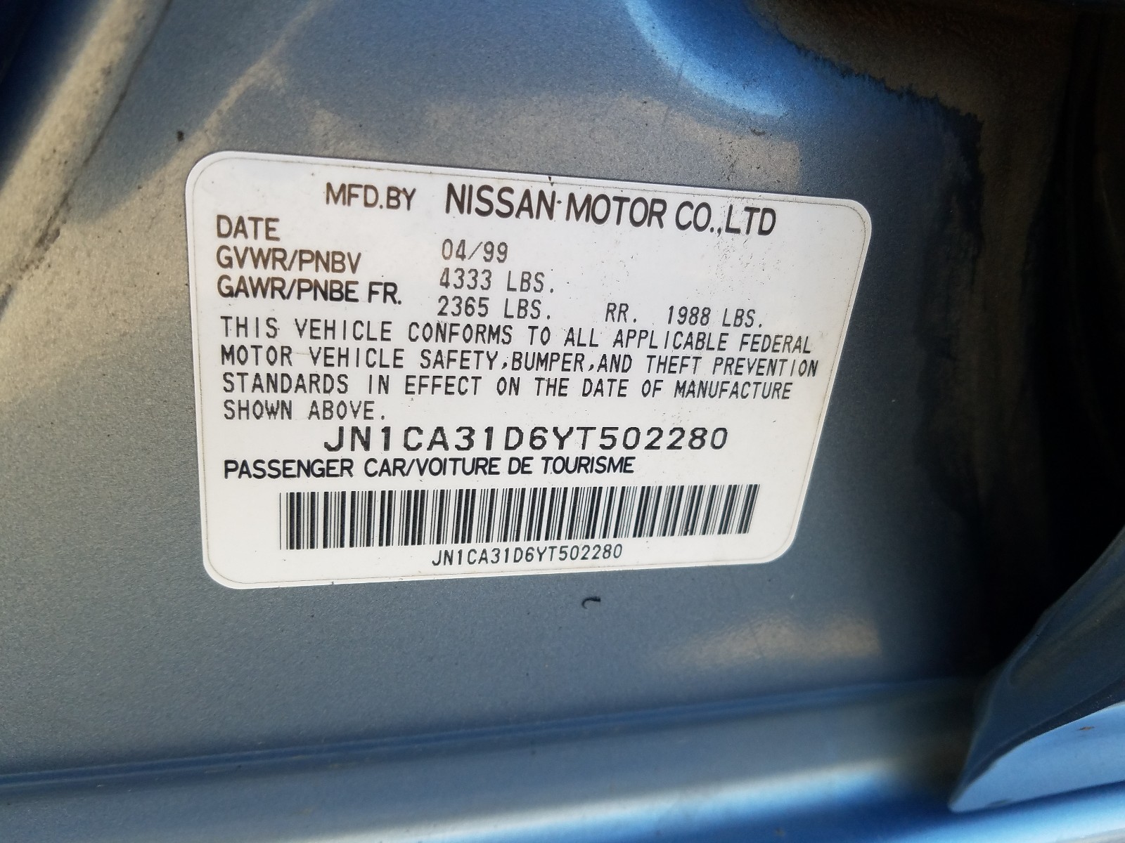 Photo 10 from auction – 2000 NISSAN MAXIMA GLE with VIN JN1CA31D6YT502280