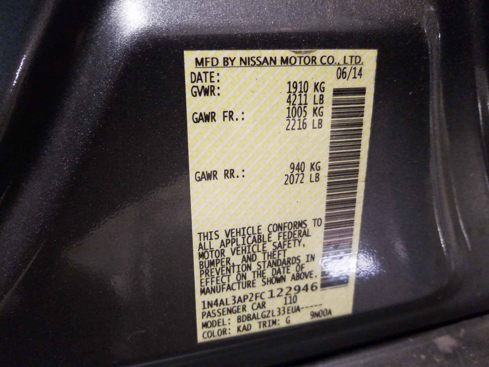 Photo 10 from auction – 2015 NISSAN ALTIMA 2.5 with VIN 1N4AL3AP2FC122946