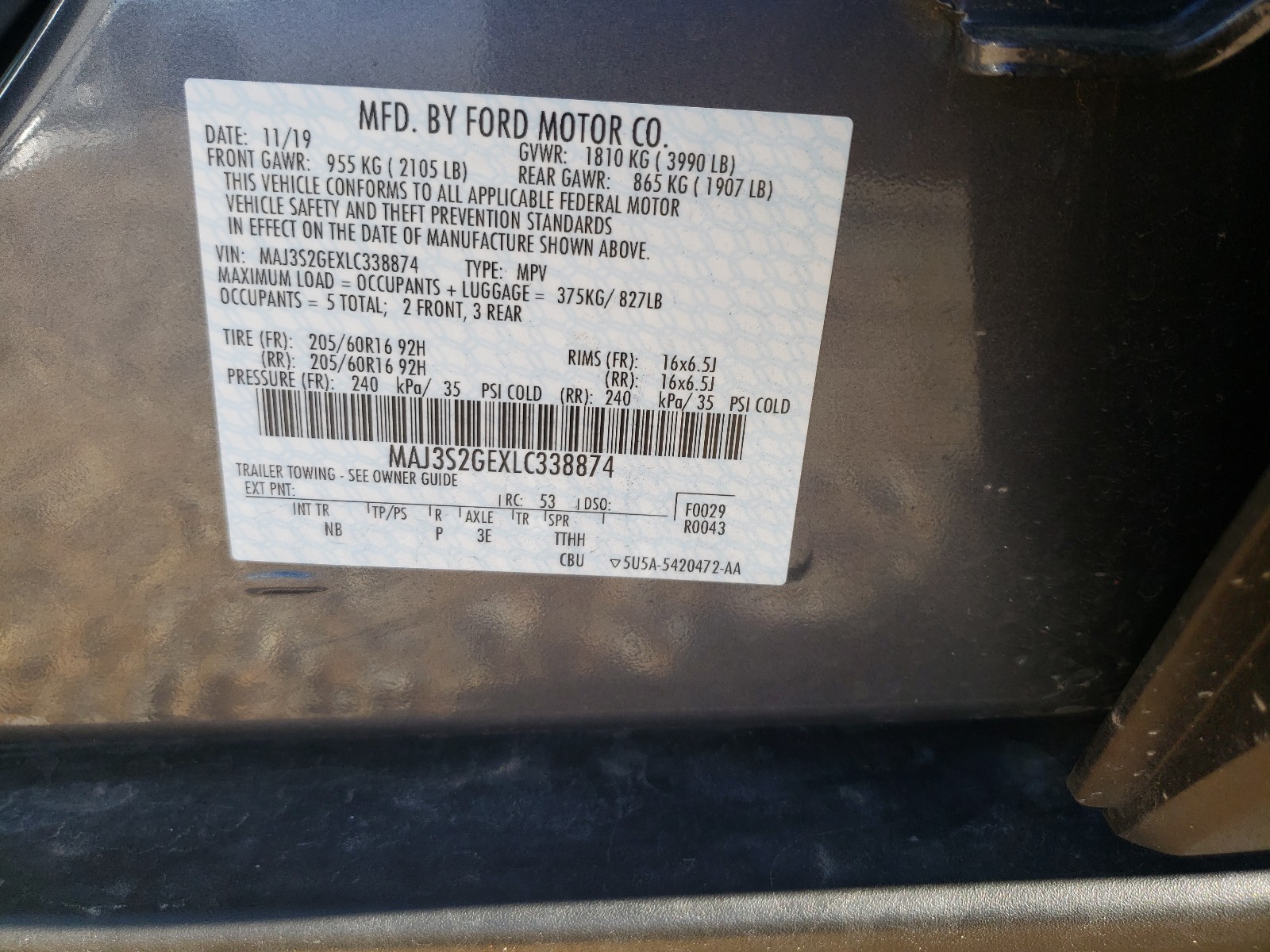 Photo 10 from auction – 2020 FORD ECOSPORT S with VIN MAJ3S2GEXLC338874