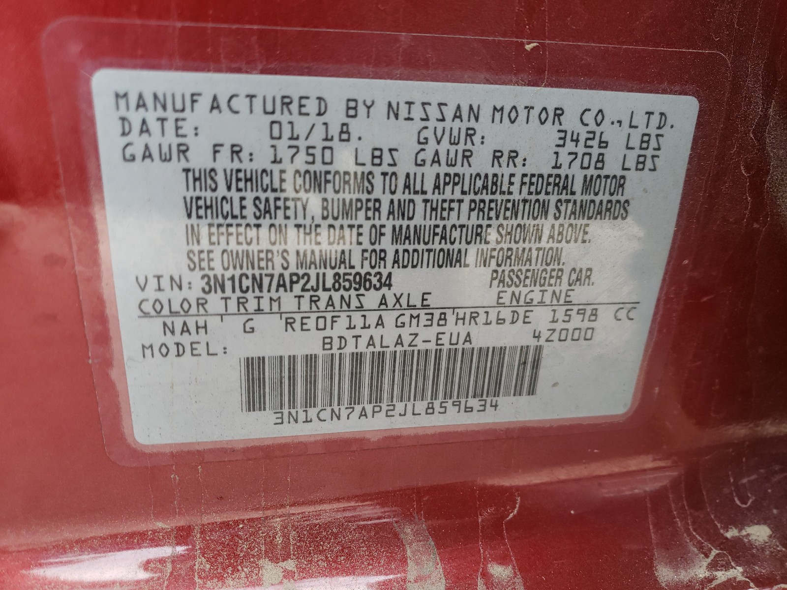 Photo 10 from auction – 2018 NISSAN VERSA S with VIN 3N1CN7AP2JL859634