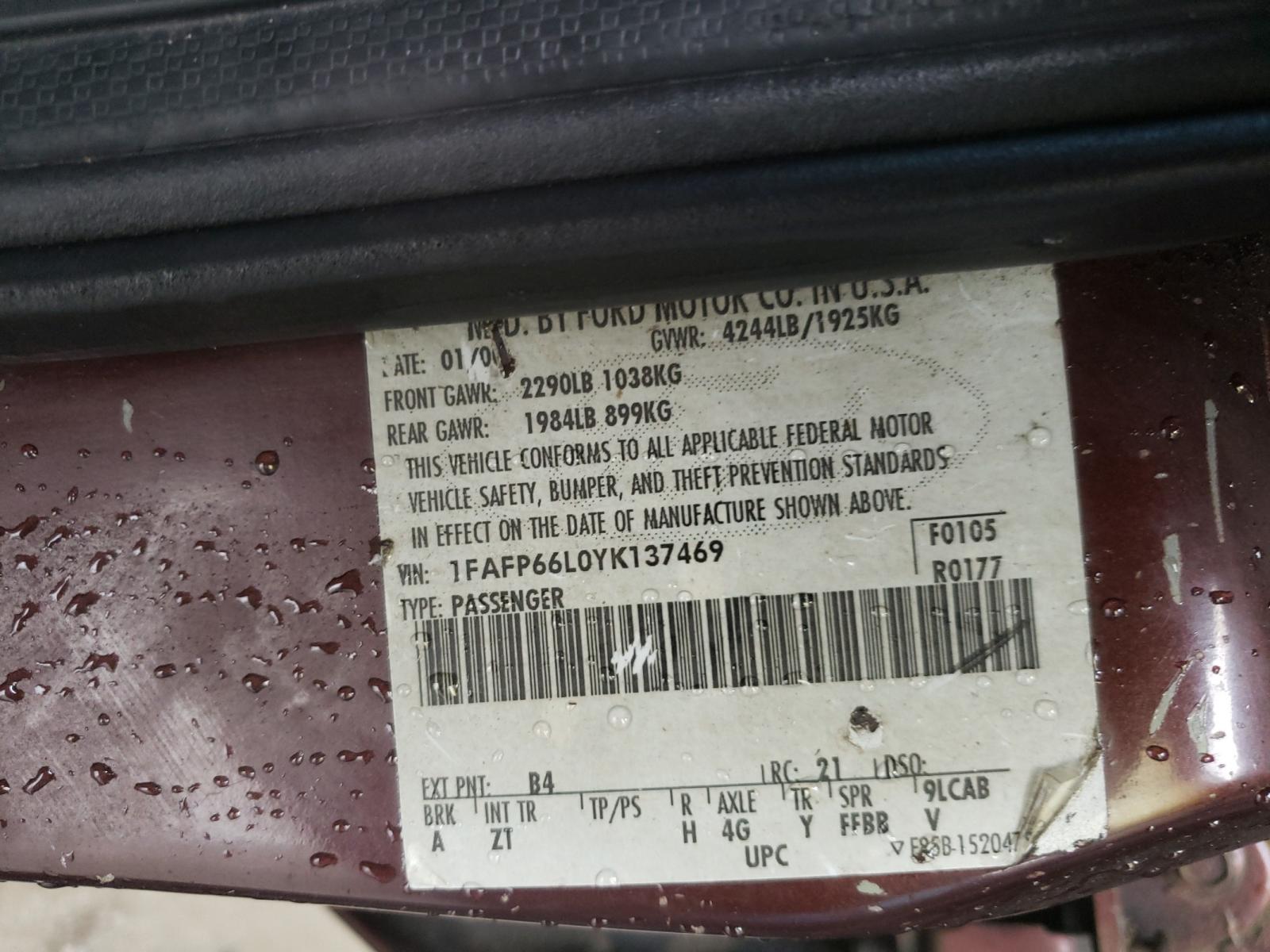 Photo 10 from auction – 2000 FORD CONTOUR SE with VIN 1FAFP66L0YK137469