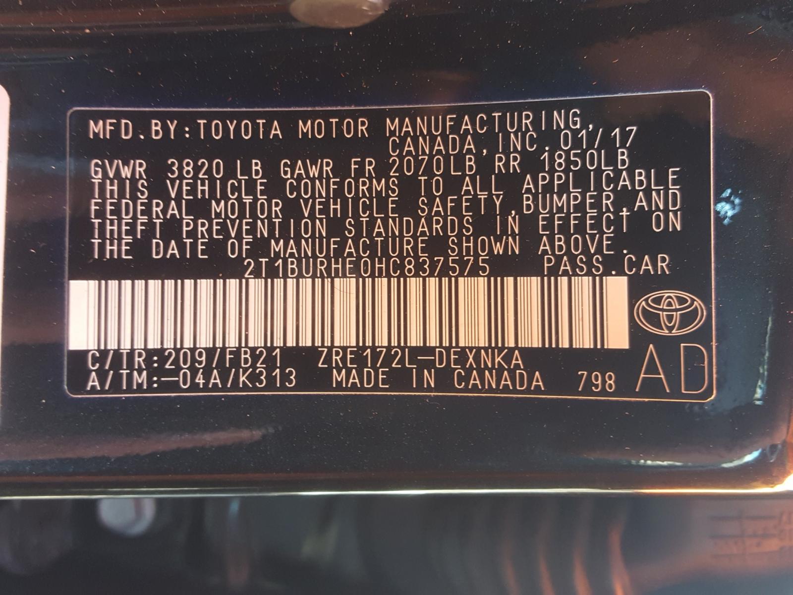 Photo 10 from auction – 2017 TOYOTA COROLLA L with VIN 2T1BURHE0HC837575