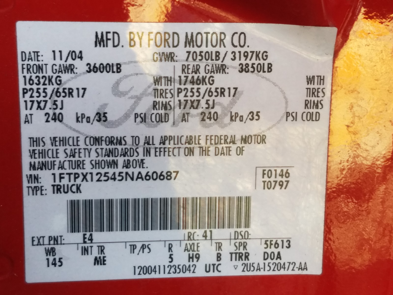 Photo 10 from auction – 2005 FORD F150 with VIN 1FTPX12545NA60687