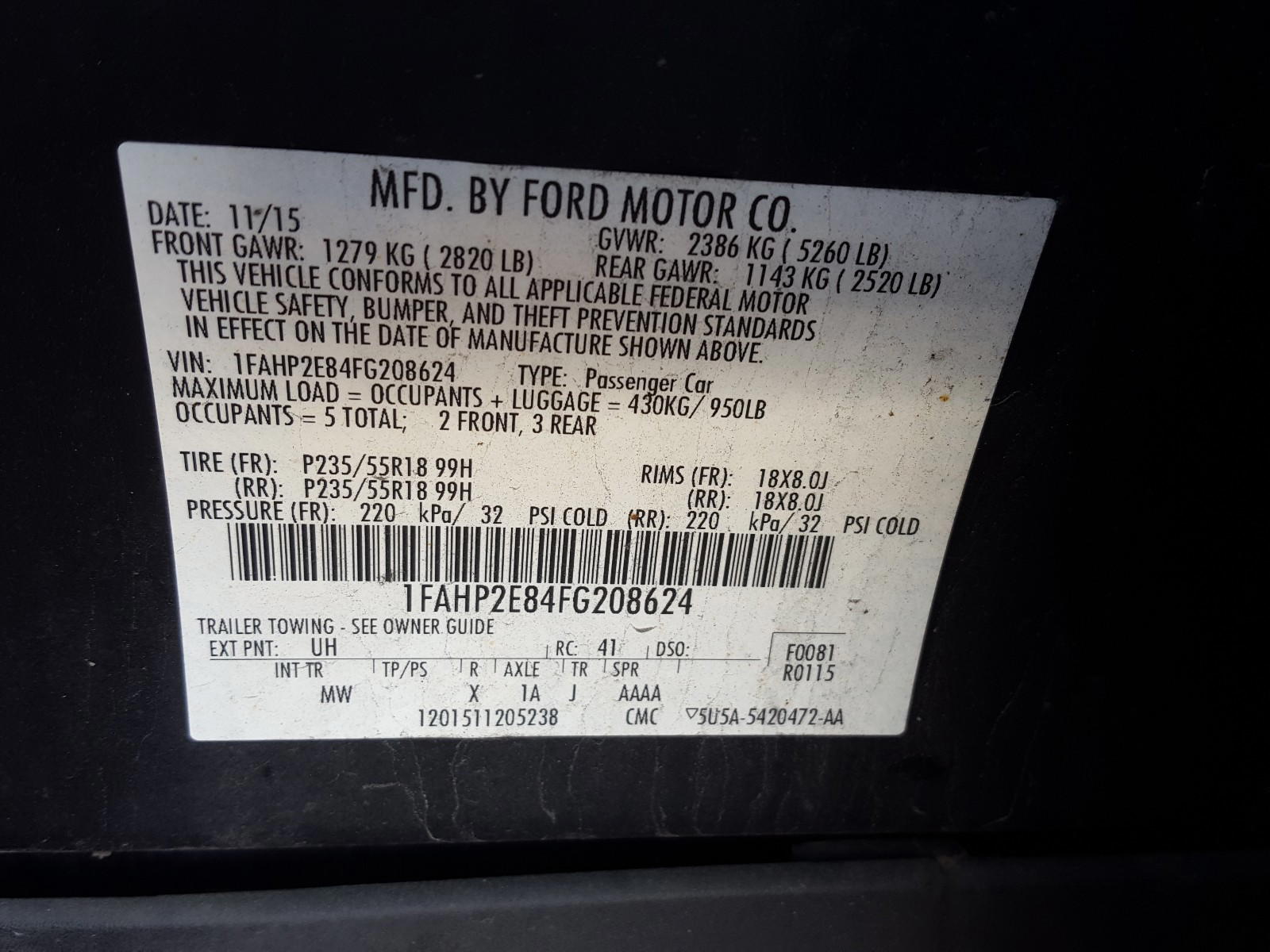 Photo 10 from auction – 2015 FORD TAURUS SEL with VIN 1FAHP2E84FG208624