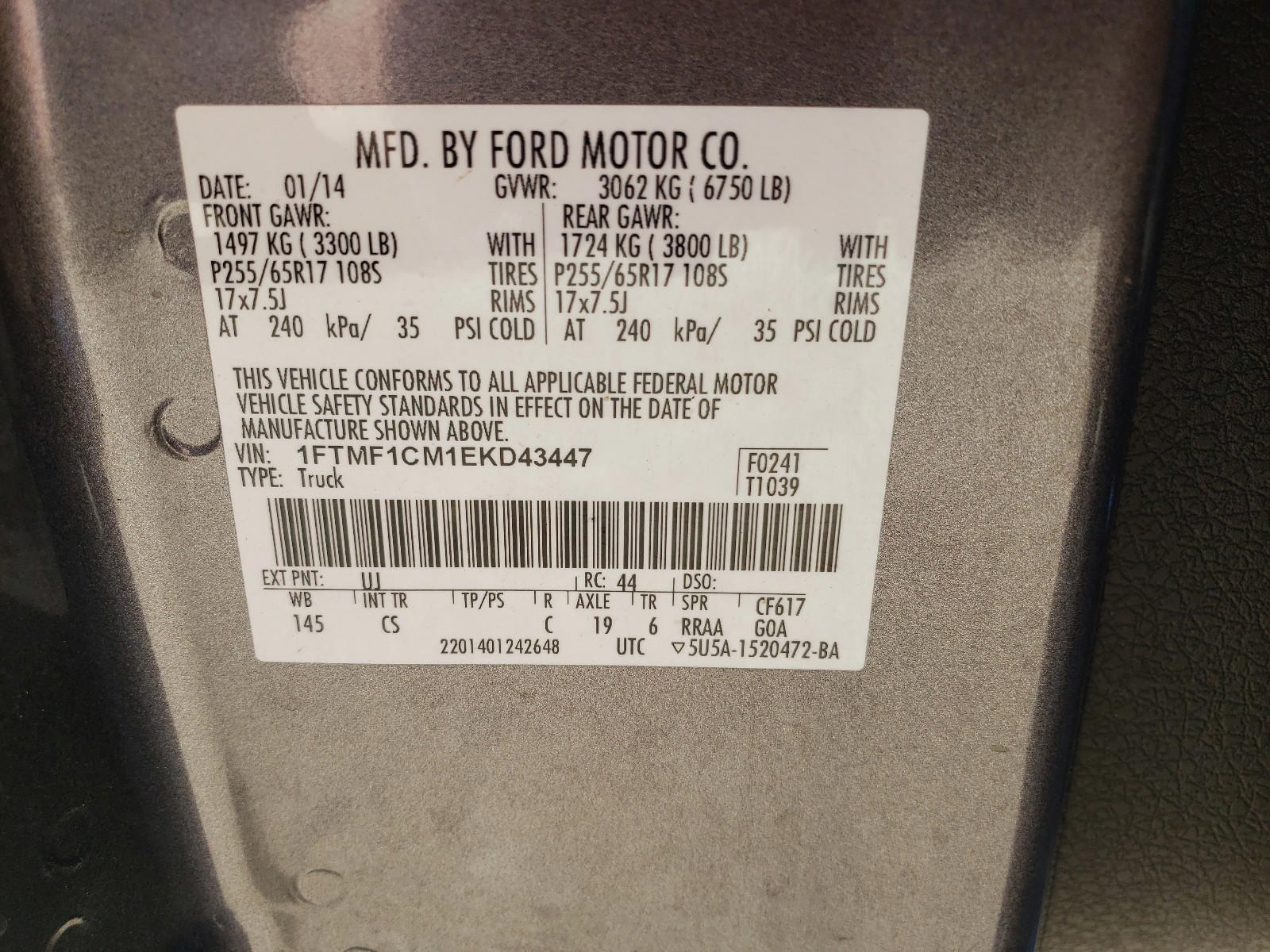 Photo 10 from auction – 2014 FORD F150 with VIN 1FTMF1CM1EKD43447