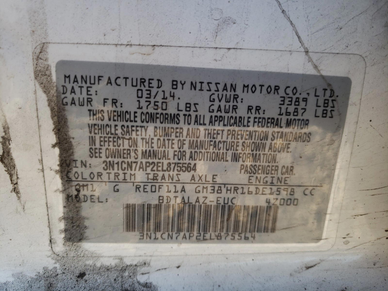 Photo 10 from auction – 2014 NISSAN VERSA with VIN 3N1CN7AP2EL875564