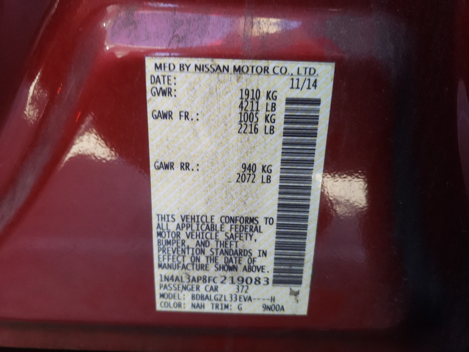 Photo 10 from auction – 2015 NISSAN ALTIMA 2.5 with VIN 1N4AL3AP8FC219083