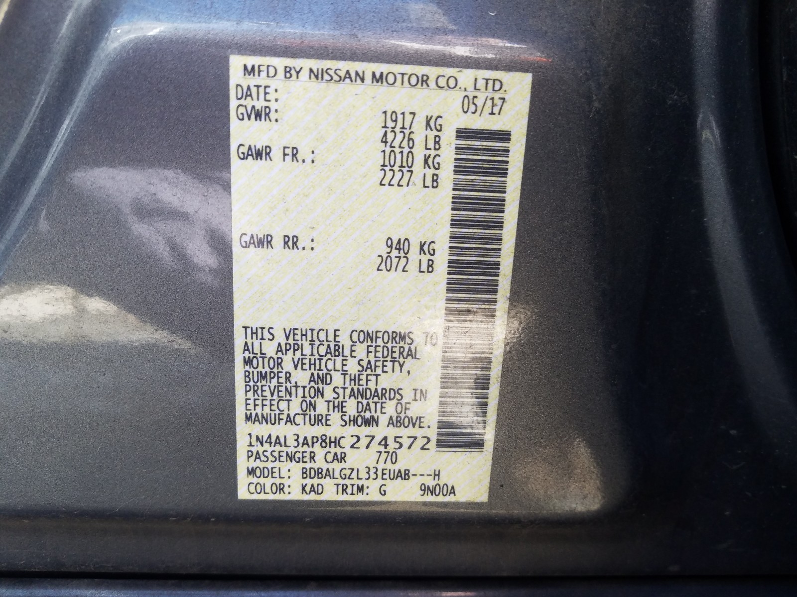 Photo 10 from auction – 2017 NISSAN ALTIMA 2.5 with VIN 1N4AL3AP8HC274572
