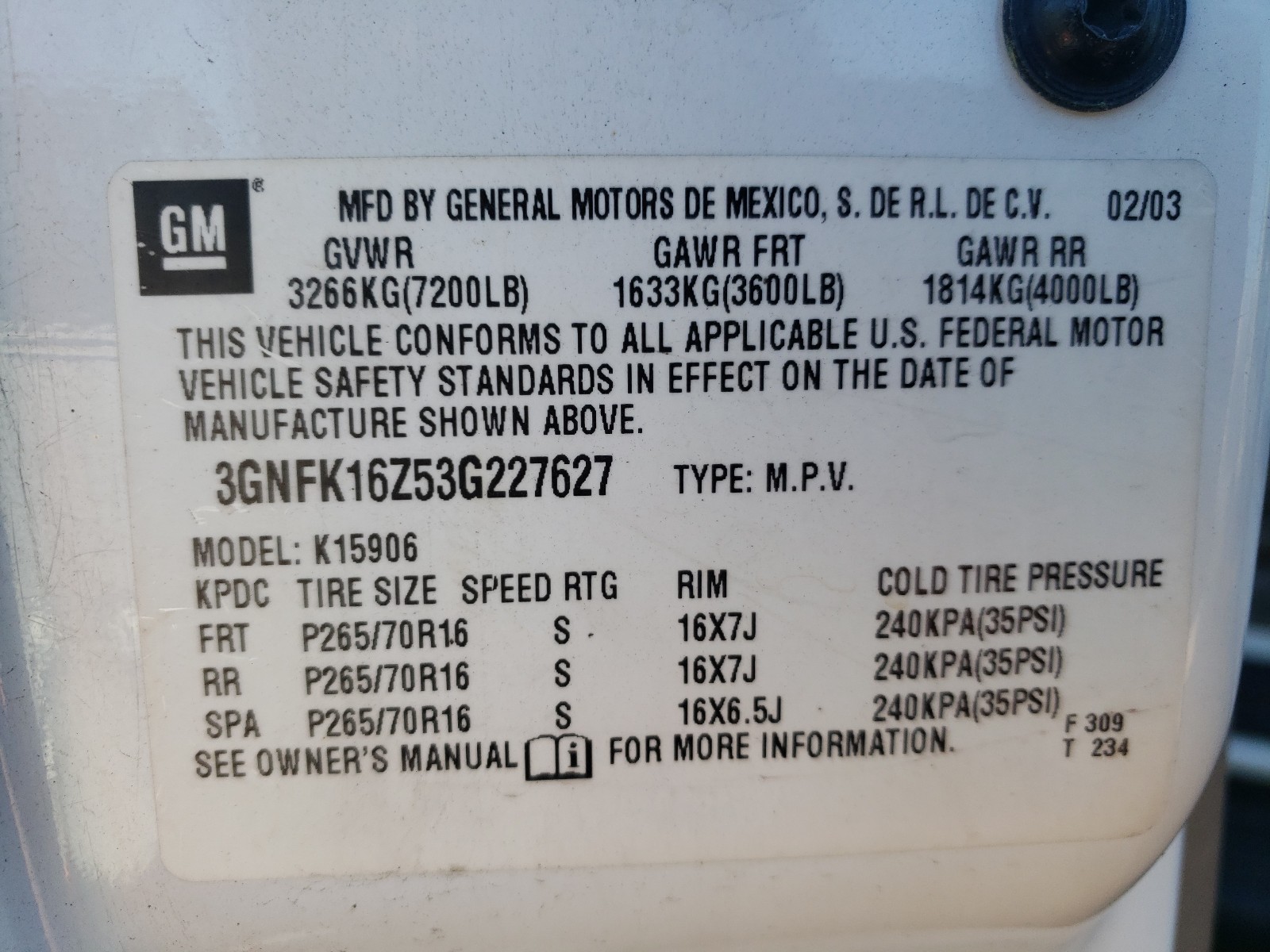 Photo 10 from auction – 2003 CHEVROLET SUBURBAN K with VIN 3GNFK16Z53G227627