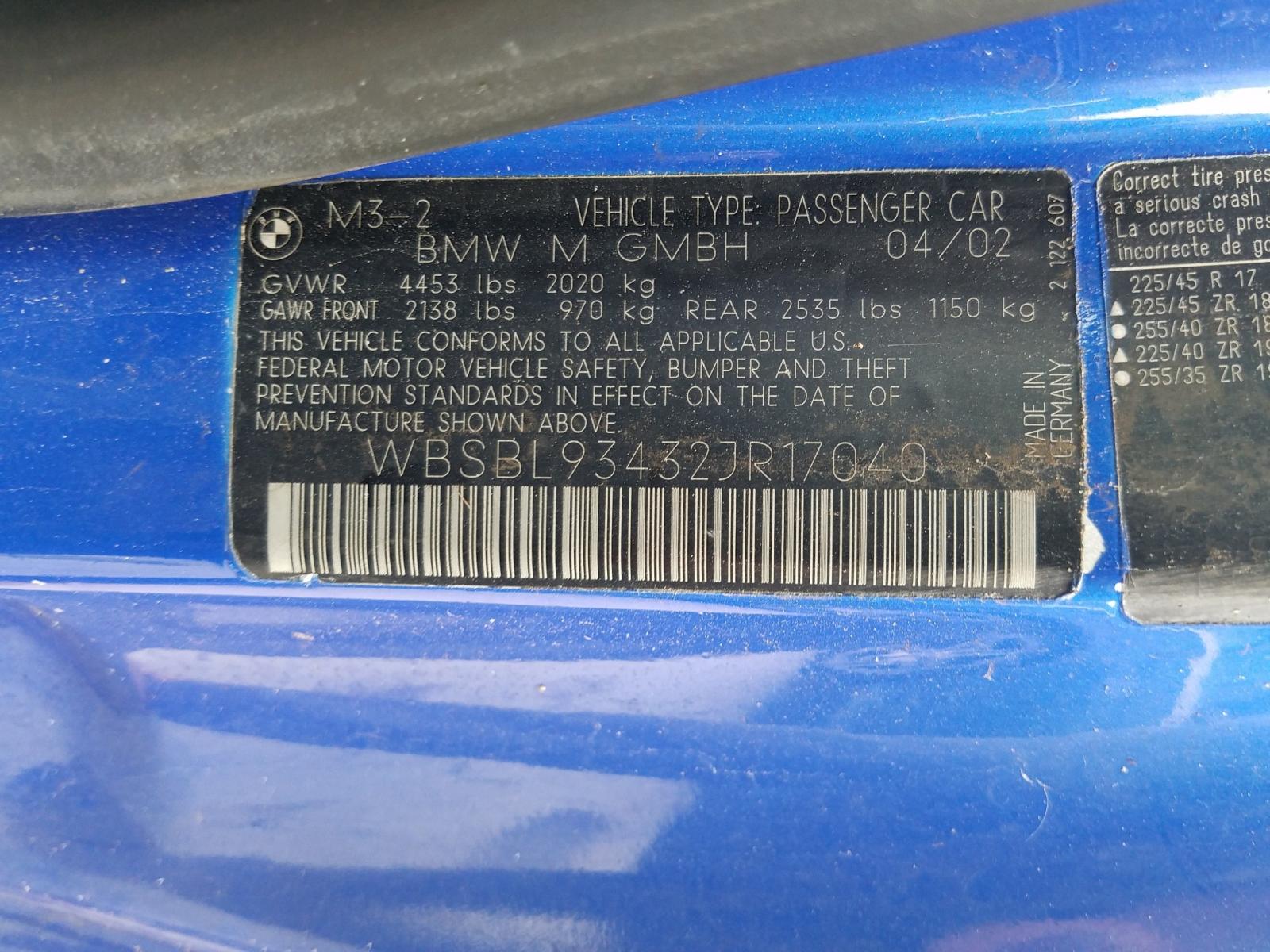 Photo 20 from auction – 2002 BMW M3 with VIN WBSBL93432JR17040