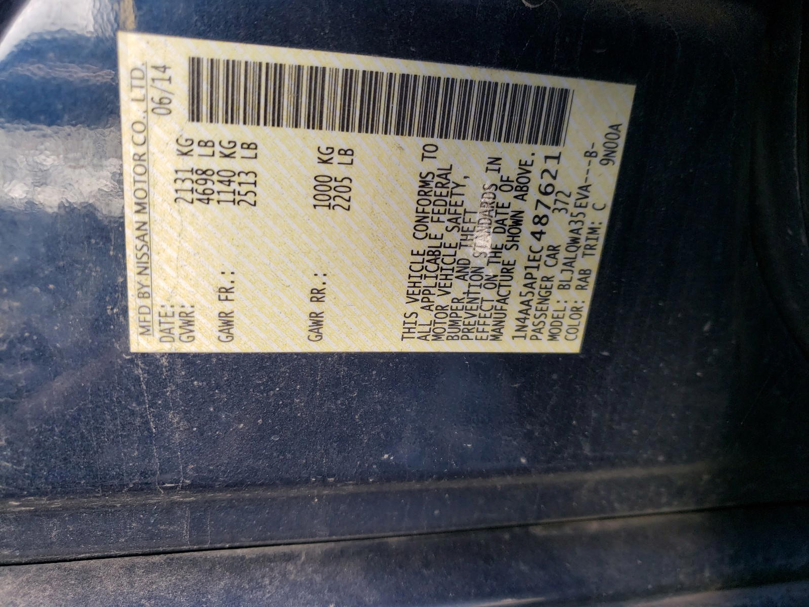 Photo 10 from auction – 2014 NISSAN MAXIMA S with VIN 1N4AA5AP1EC487621