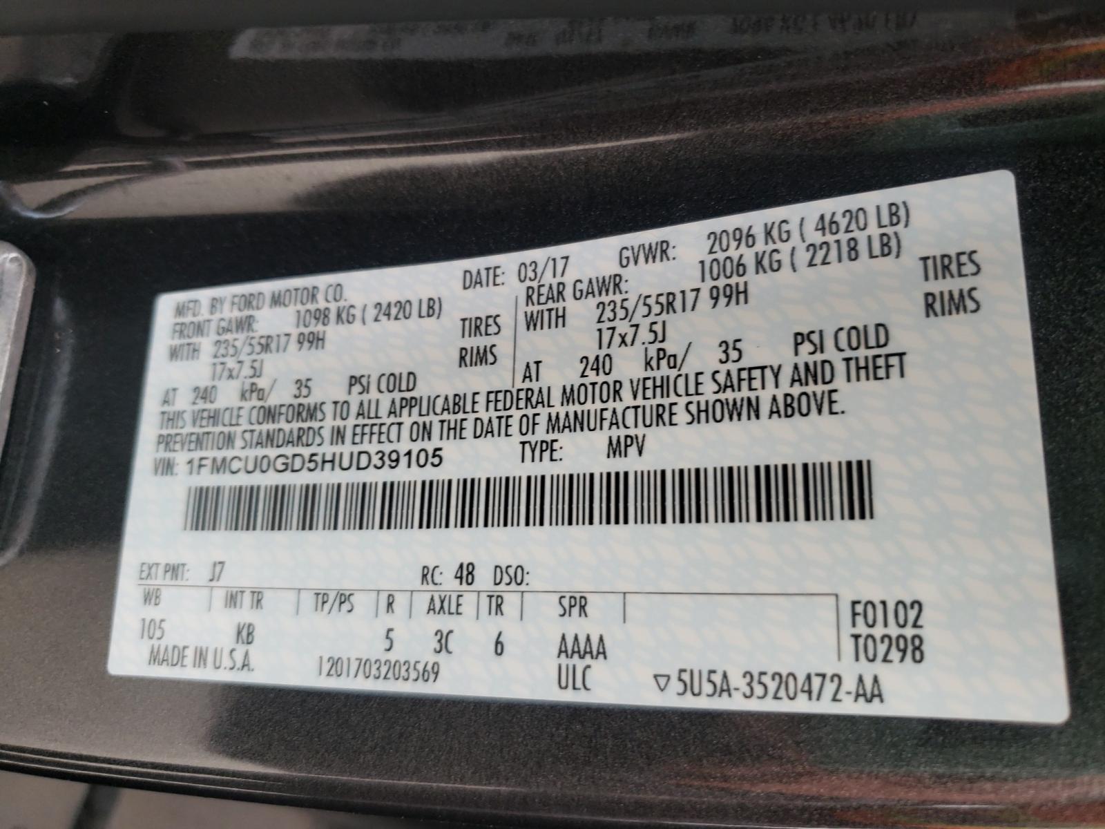 Photo 10 from auction – 2017 FORD ESCAPE SE with VIN 1FMCU0GD5HUD39105