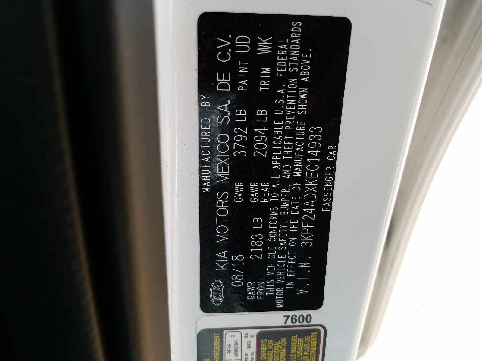 Photo 10 from auction – 2019 KIA FORTE FE with VIN 3KPF24ADXKE014933