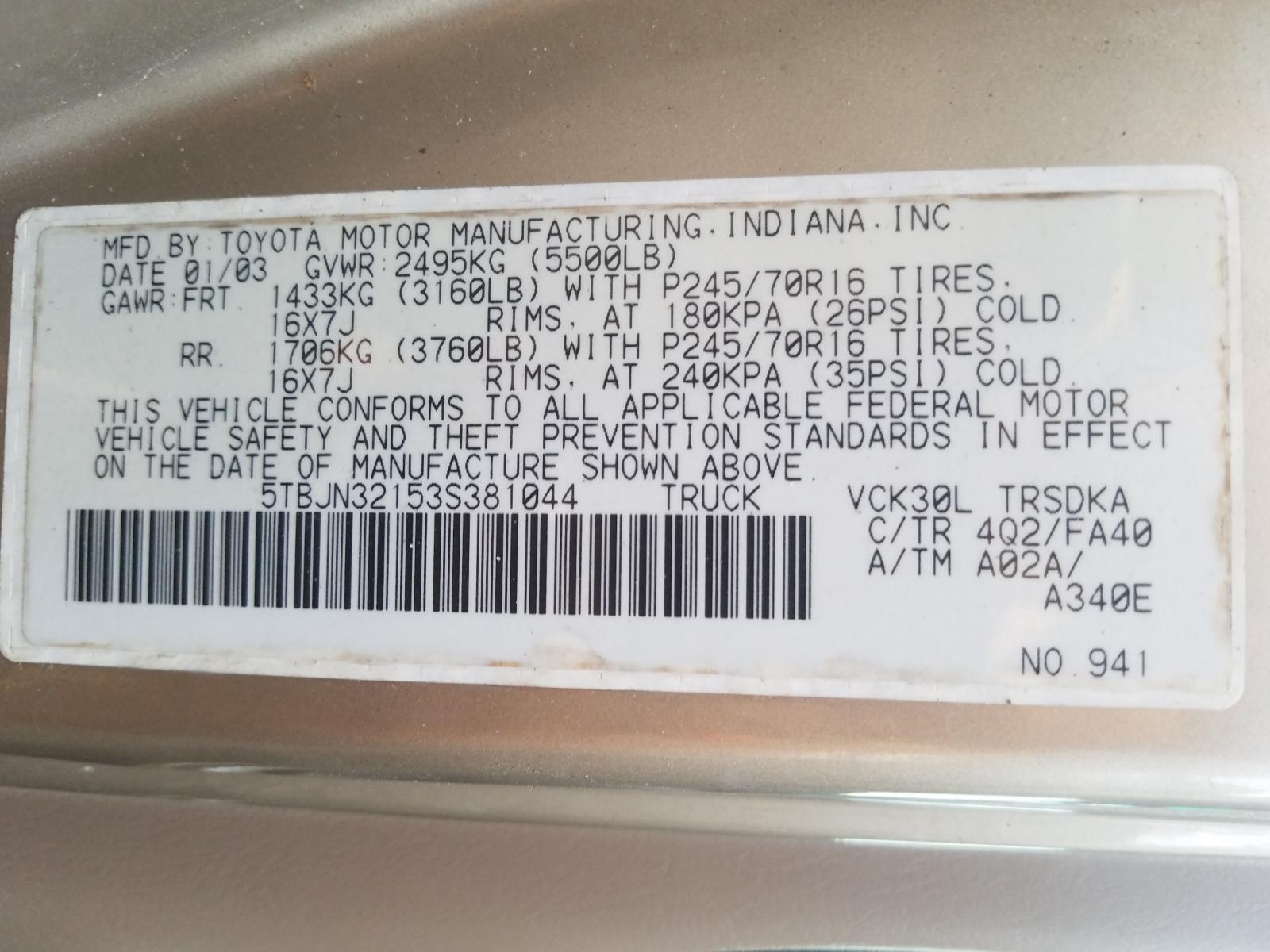 Photo 10 from auction – 2003 TOYOTA TUNDRA with VIN 5TBJN32153S381044