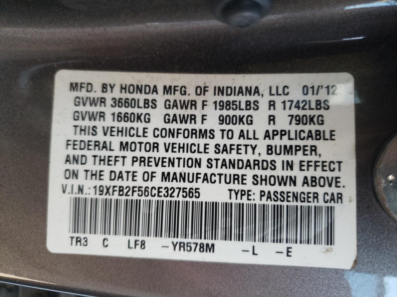 Photo 10 from auction – 2012 HONDA CIVIC LX with VIN 19XFB2F56CE327565