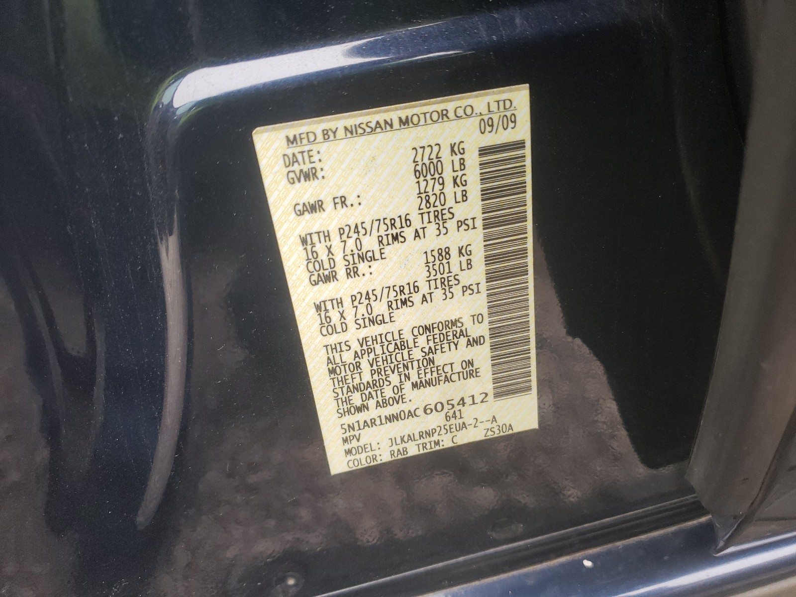 Photo 10 from auction – 2010 NISSAN PATHFINDER with VIN 5N1AR1NN0AC605412