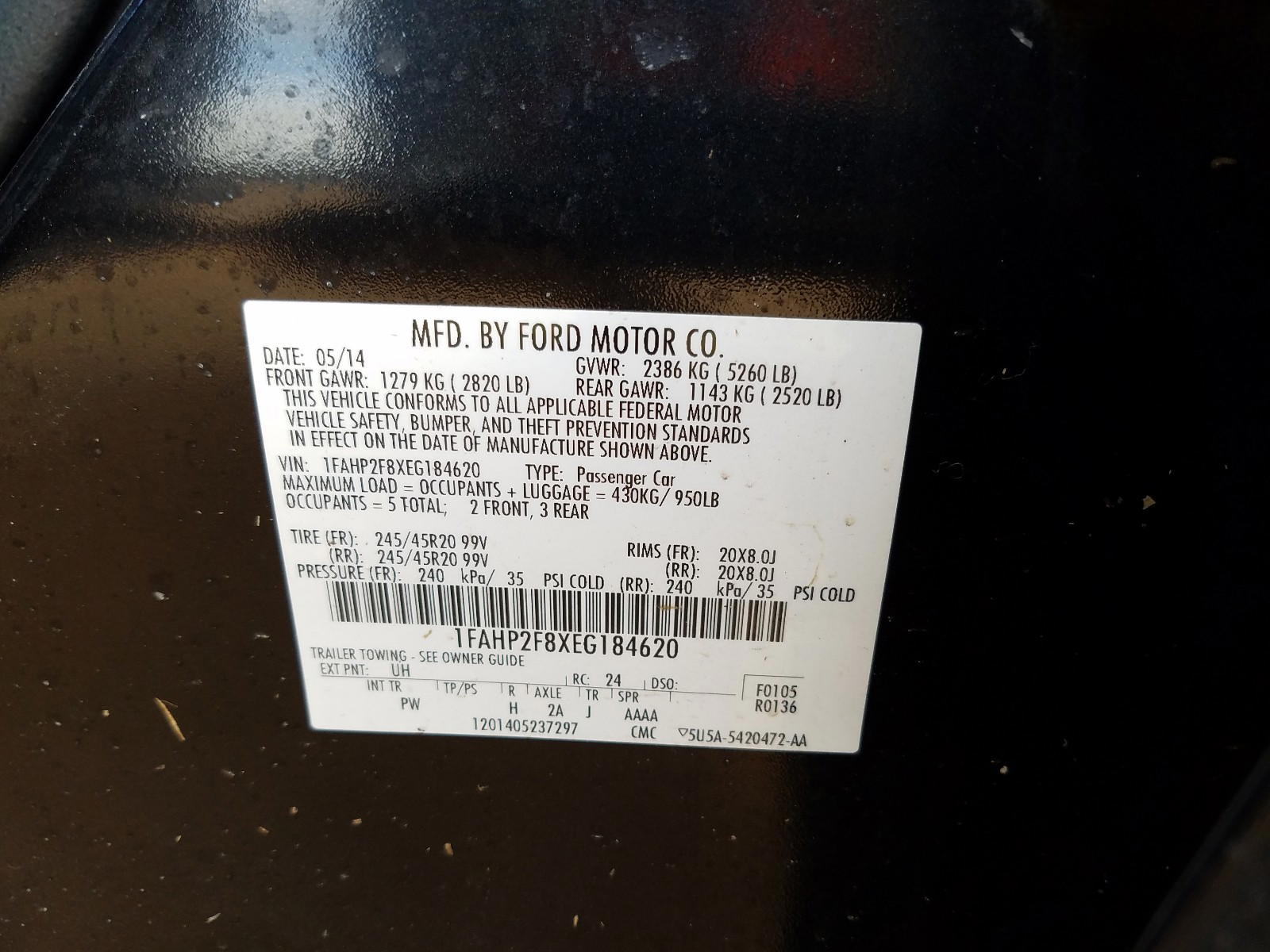 Photo 10 from auction – 2014 FORD TAURUS LIM with VIN 1FAHP2F8XEG184620