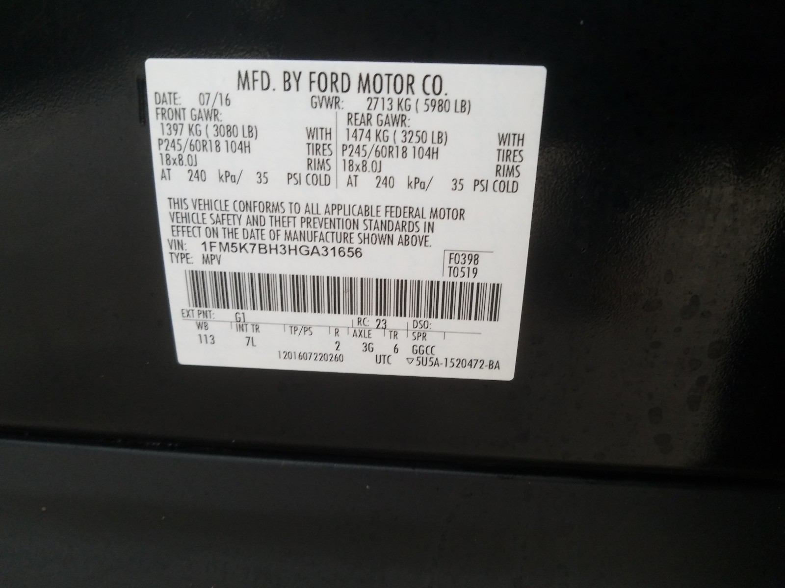 Foto 10 de la subasta – 2017 FORD EXPLORER con VIN 1FM5K7BH3HGA31656