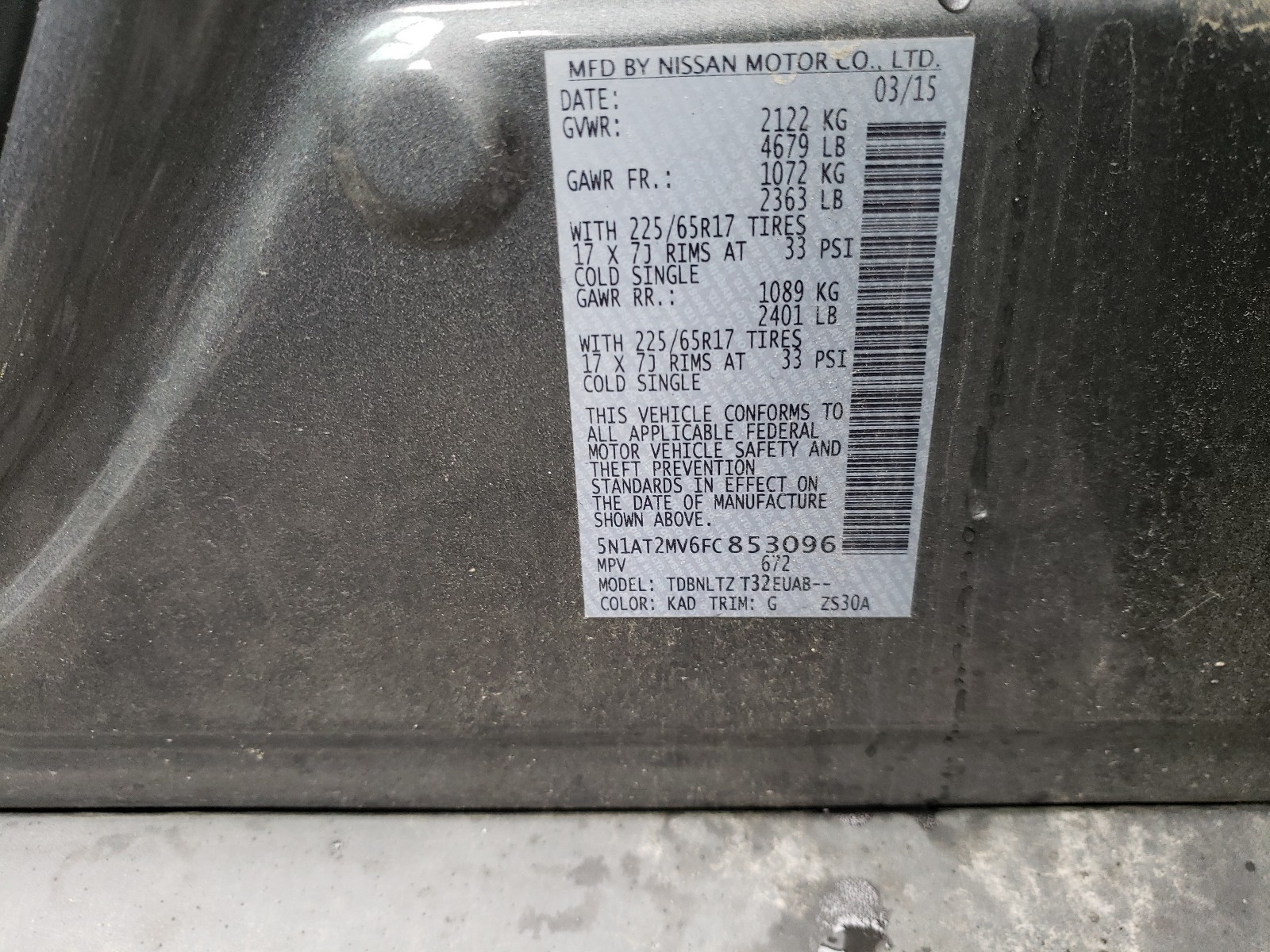 Photo 10 from auction – 2015 NISSAN ROGUE S with VIN 5N1AT2MV6FC853096