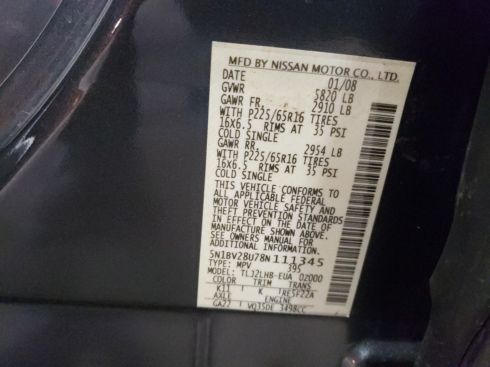 Photo 10 from auction – 2008 NISSAN QUEST S with VIN 5N1BV28U78N111345