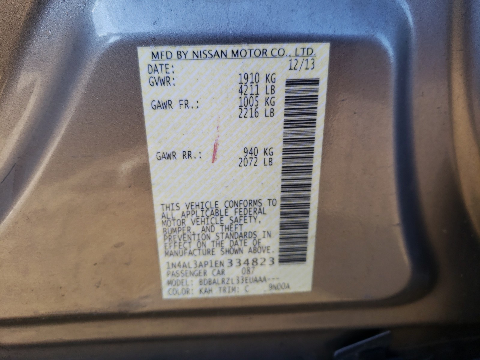 Photo 10 from auction – 2014 NISSAN ALTIMA 2.5 with VIN 1N4AL3AP1EN334823