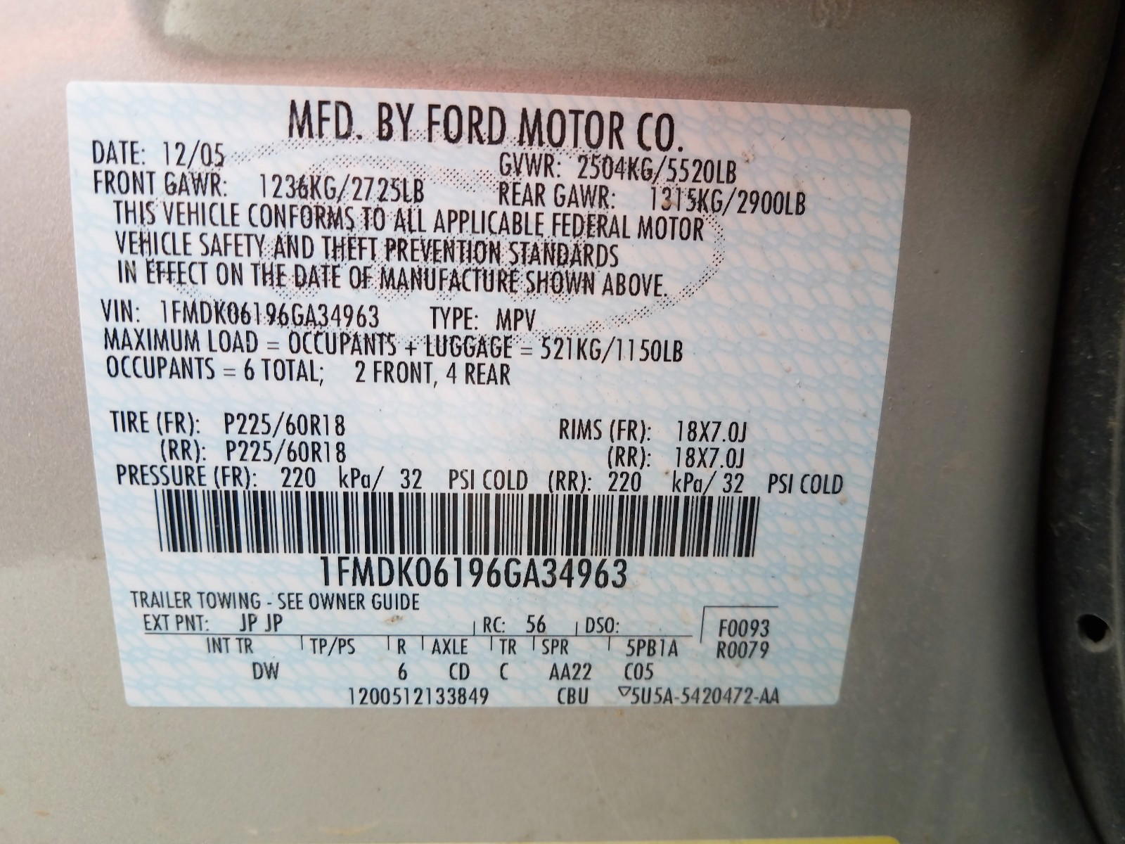 Photo 10 from auction – 2006 FORD FREESTYLE with VIN 1FMDK06196GA34963
