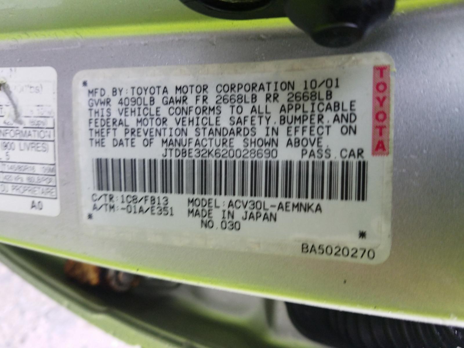Photo 10 from auction – 2002 TOYOTA CAMRY LE with VIN JTDBE32K620028690