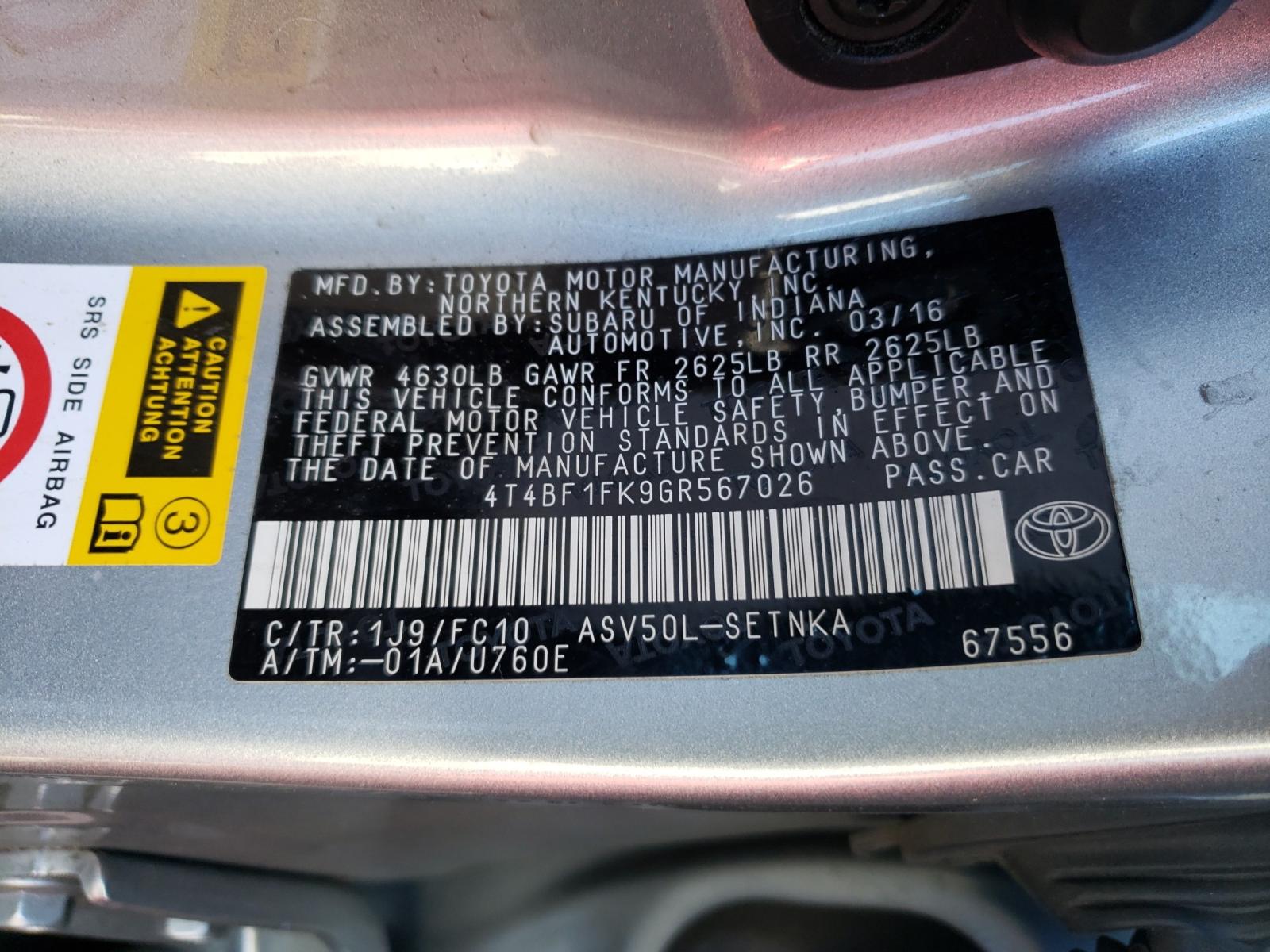 Photo 10 from auction – 2016 TOYOTA CAMRY LE with VIN 4T4BF1FK9GR567026