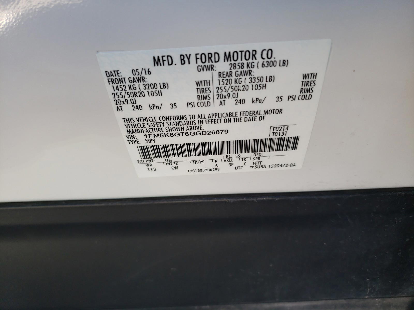 Photo 10 from auction – 2016 FORD EXPLORER S with VIN 1FM5K8GT6GGD26879
