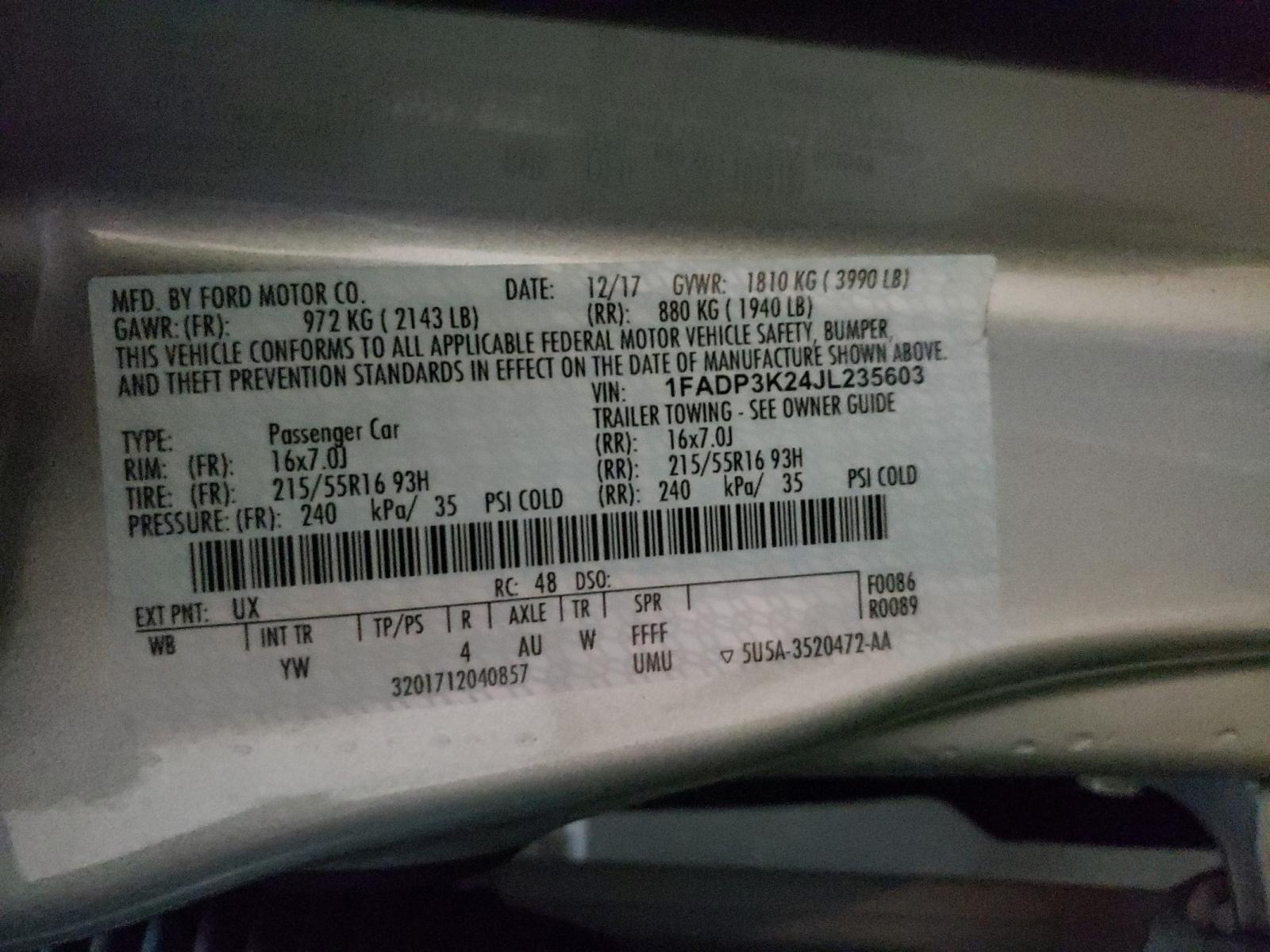 Photo 10 from auction – 2018 FORD FOCUS SE with VIN 1FADP3K24JL235603
