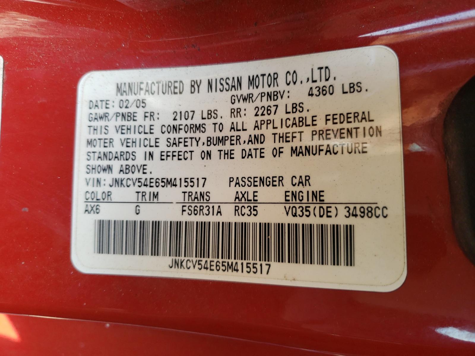 Photo 10 from auction – 2005 INFINITI G35 with VIN JNKCV54E65M415517
