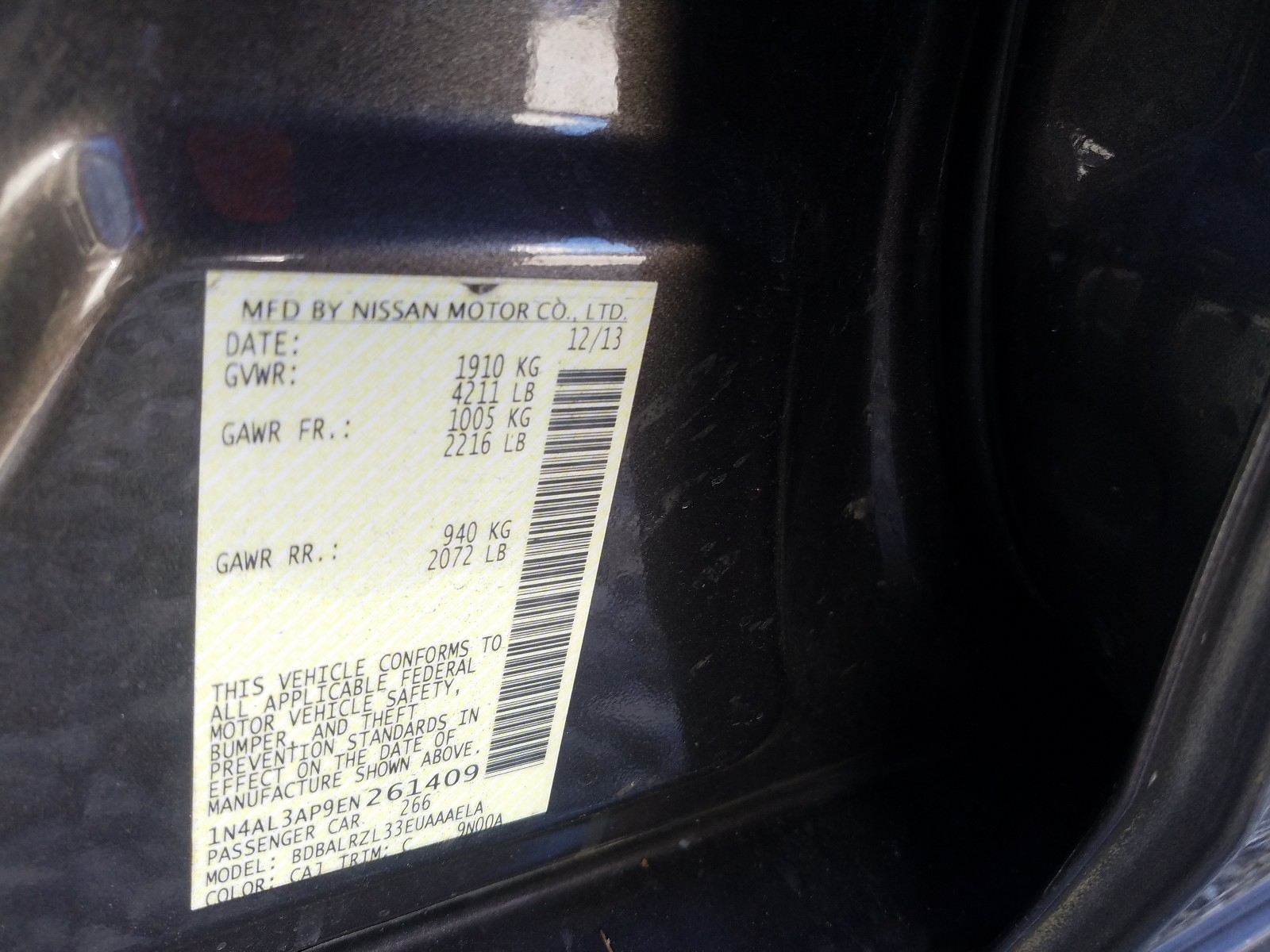 Photo 10 from auction – 2014 NISSAN ALTIMA 2.5 with VIN 1N4AL3AP9EN261409