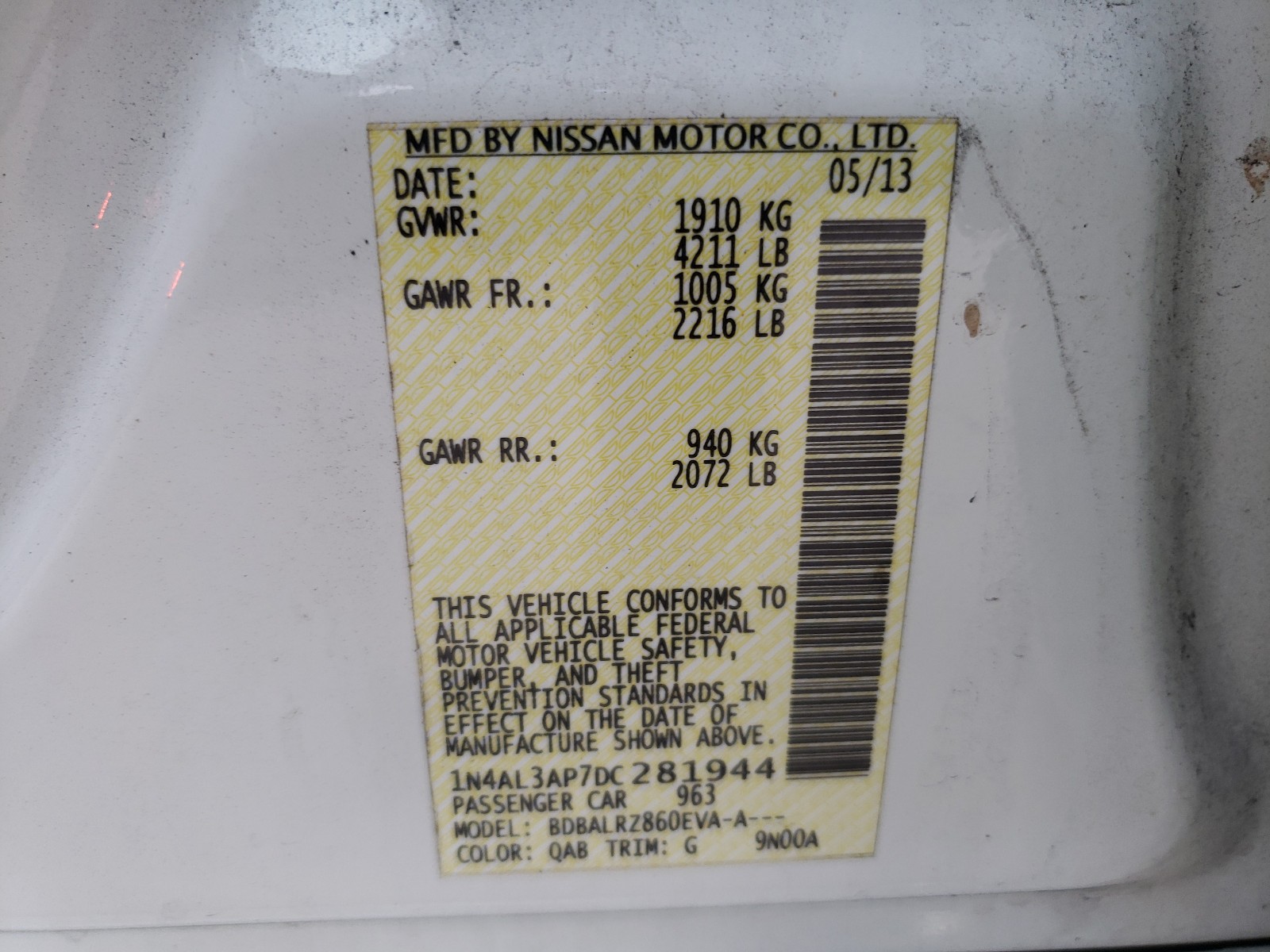 Photo 10 from auction – 2013 NISSAN ALTIMA 2.5 with VIN 1N4AL3AP7DC281944