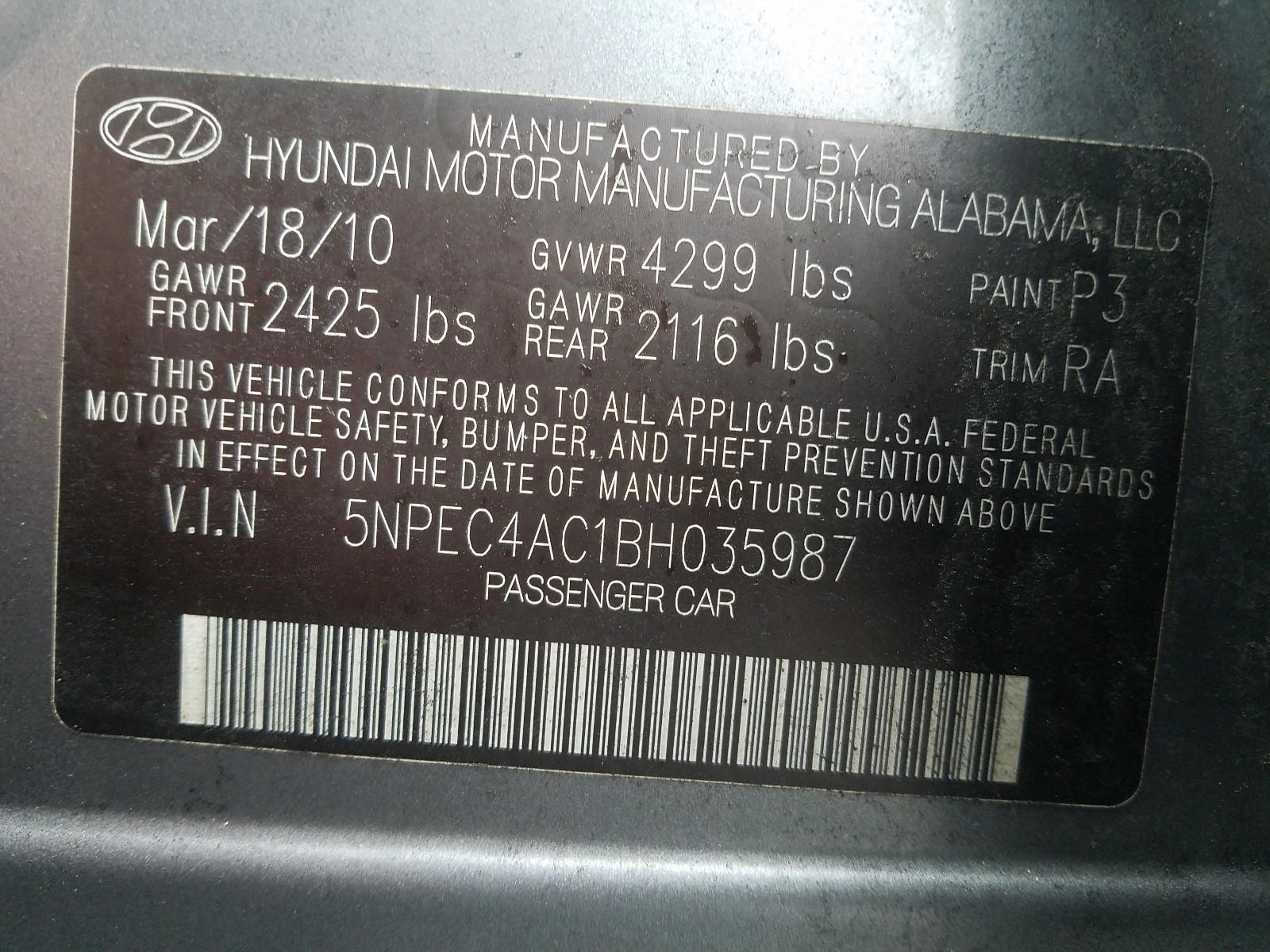 Photo 10 from auction – 2011 HYUNDAI SONATA SE with VIN 5NPEC4AC1BH035987