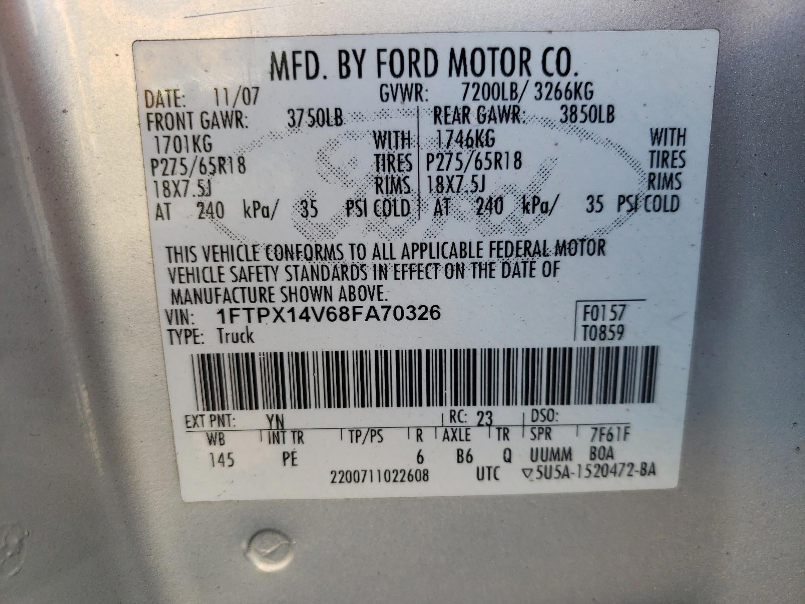 Photo 10 from auction – 2008 FORD F150 with VIN 1FTPX14V68FA70326