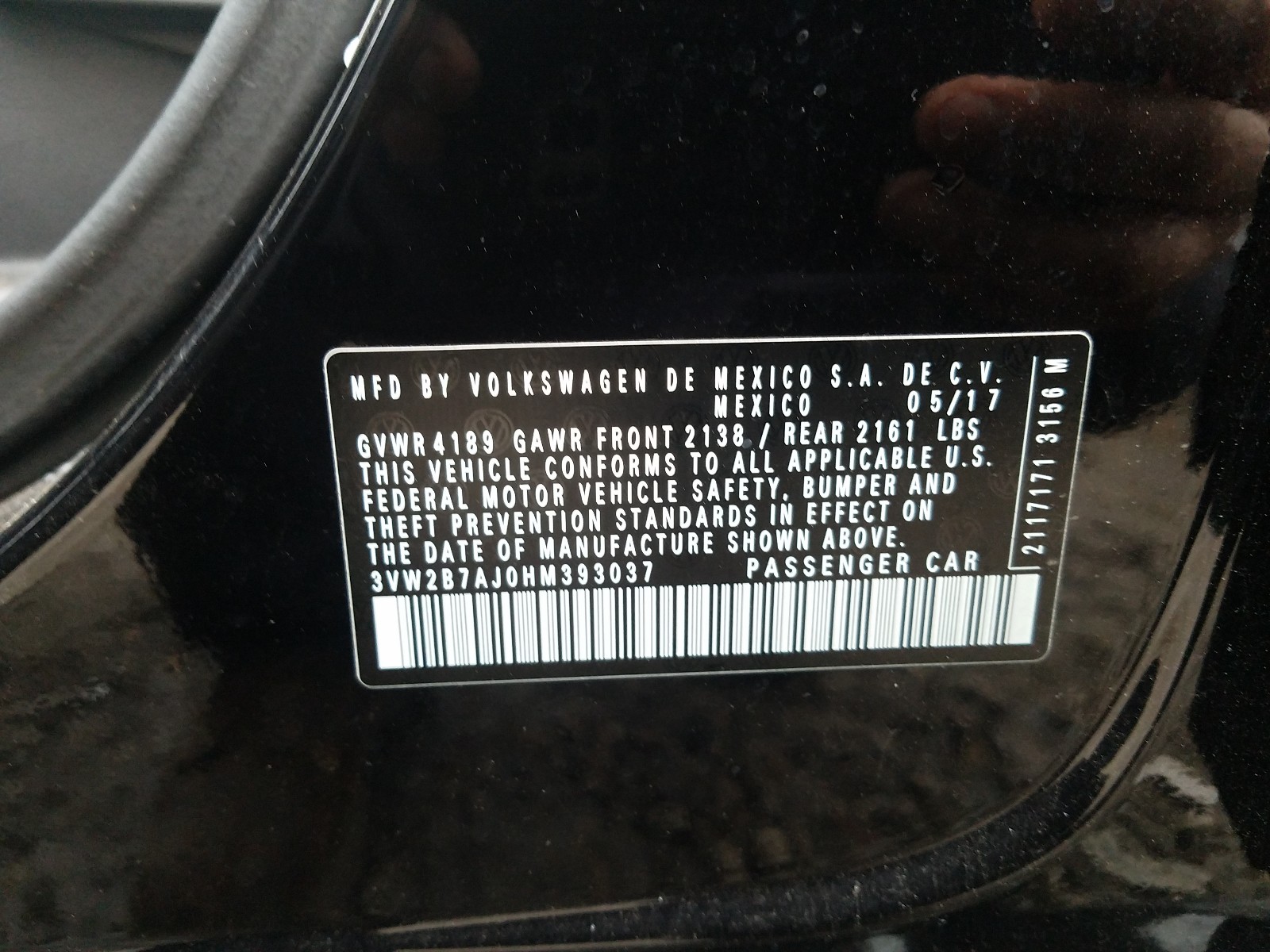 Photo 10 from auction – 2017 VOLKSWAGEN JETTA S with VIN 3VW2B7AJ0HM393037