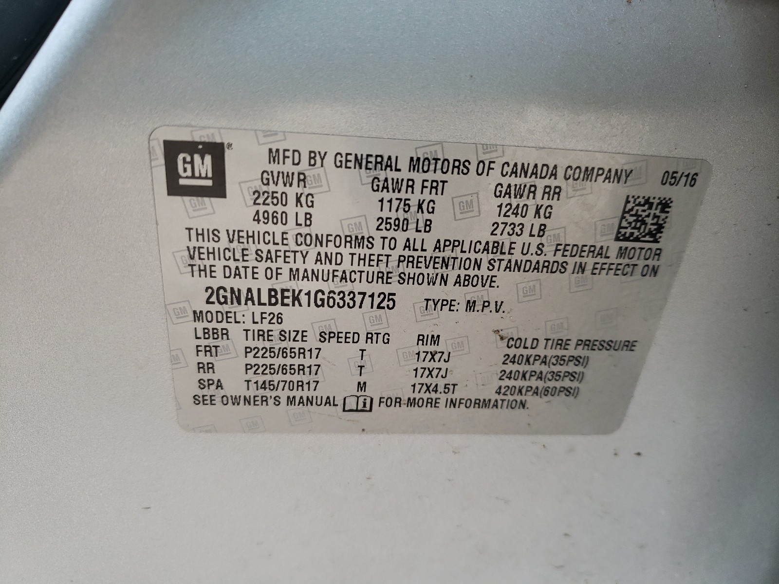Photo 10 from auction – 2016 CHEVROLET EQUINOX LS with VIN 2GNALBEK1G6337125