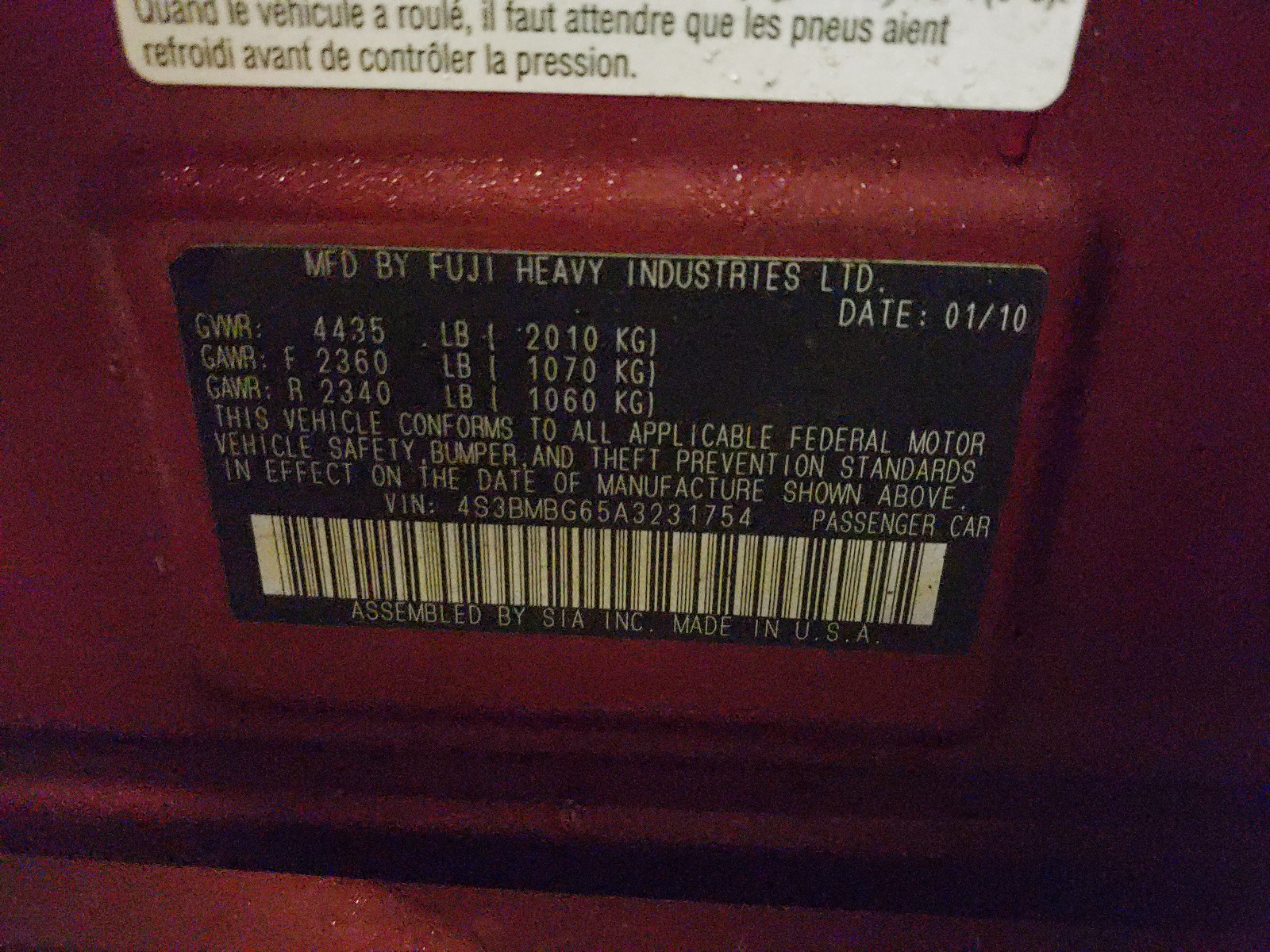 Photo 10 from auction – 2010 SUBARU LEGACY 2.5 with VIN 4S3BMBG65A3231754