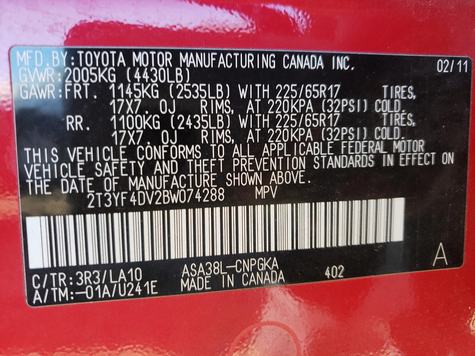 Photo 10 from auction – 2011 TOYOTA RAV4 LIMIT with VIN 2T3YF4DV2BW074288