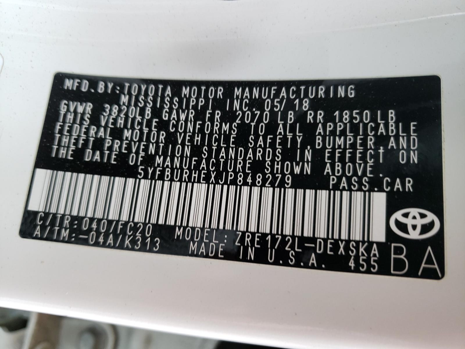 Photo 10 from auction – 2018 TOYOTA COROLLA L with VIN 5YFBURHEXJP848279