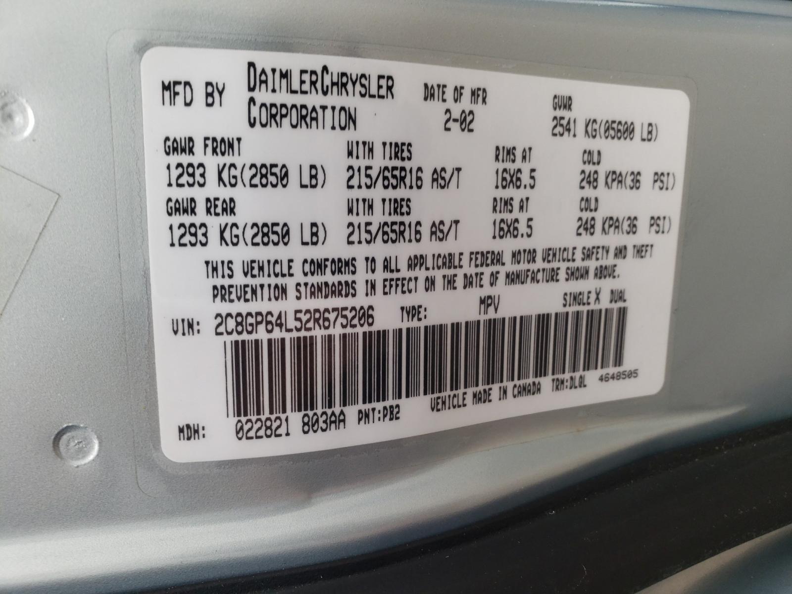 Photo 10 from auction – 2002 CHRYSLER TOWN & COU with VIN 2C8GP64L52R675206