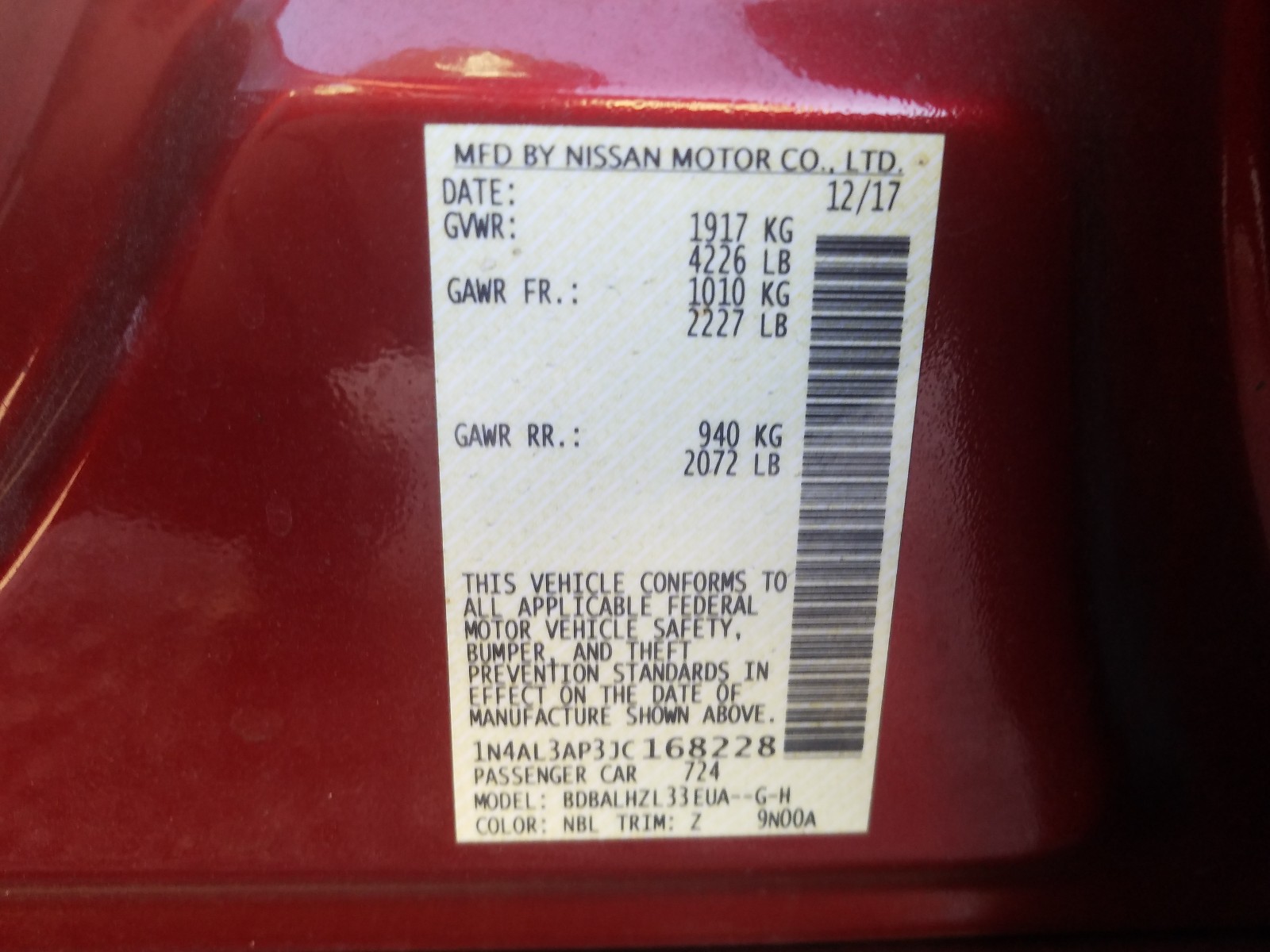 Photo 10 from auction – 2018 NISSAN ALTIMA 2.5 with VIN 1N4AL3AP3JC168228