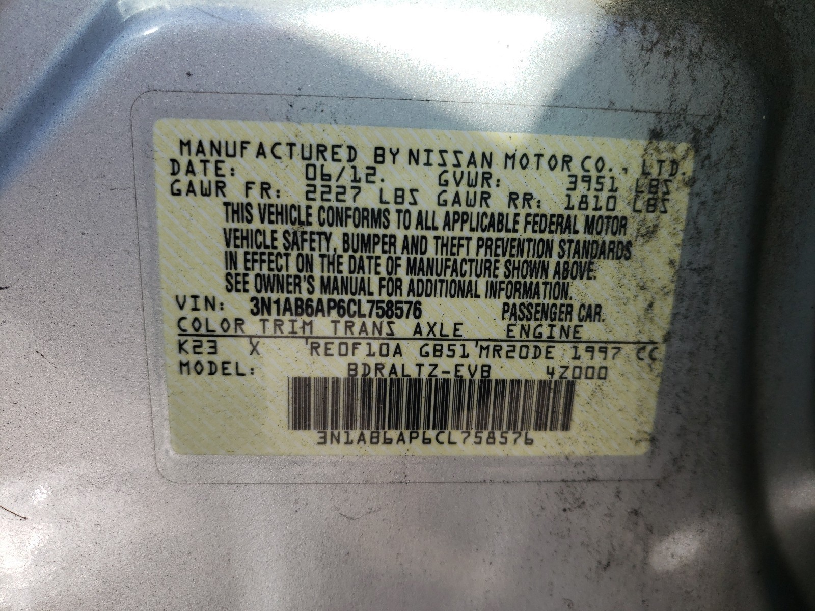 Photo 10 from auction – 2012 NISSAN SENTRA 2.0 with VIN 3N1AB6AP6CL758576