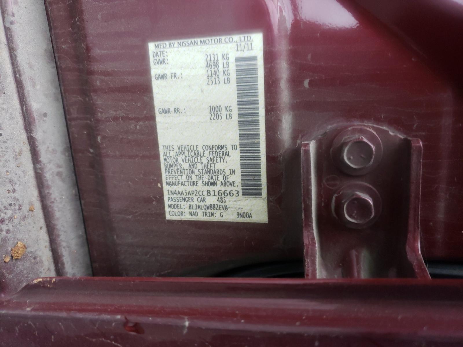 Photo 10 from auction – 2012 NISSAN MAXIMA S with VIN 1N4AA5AP2CC816663