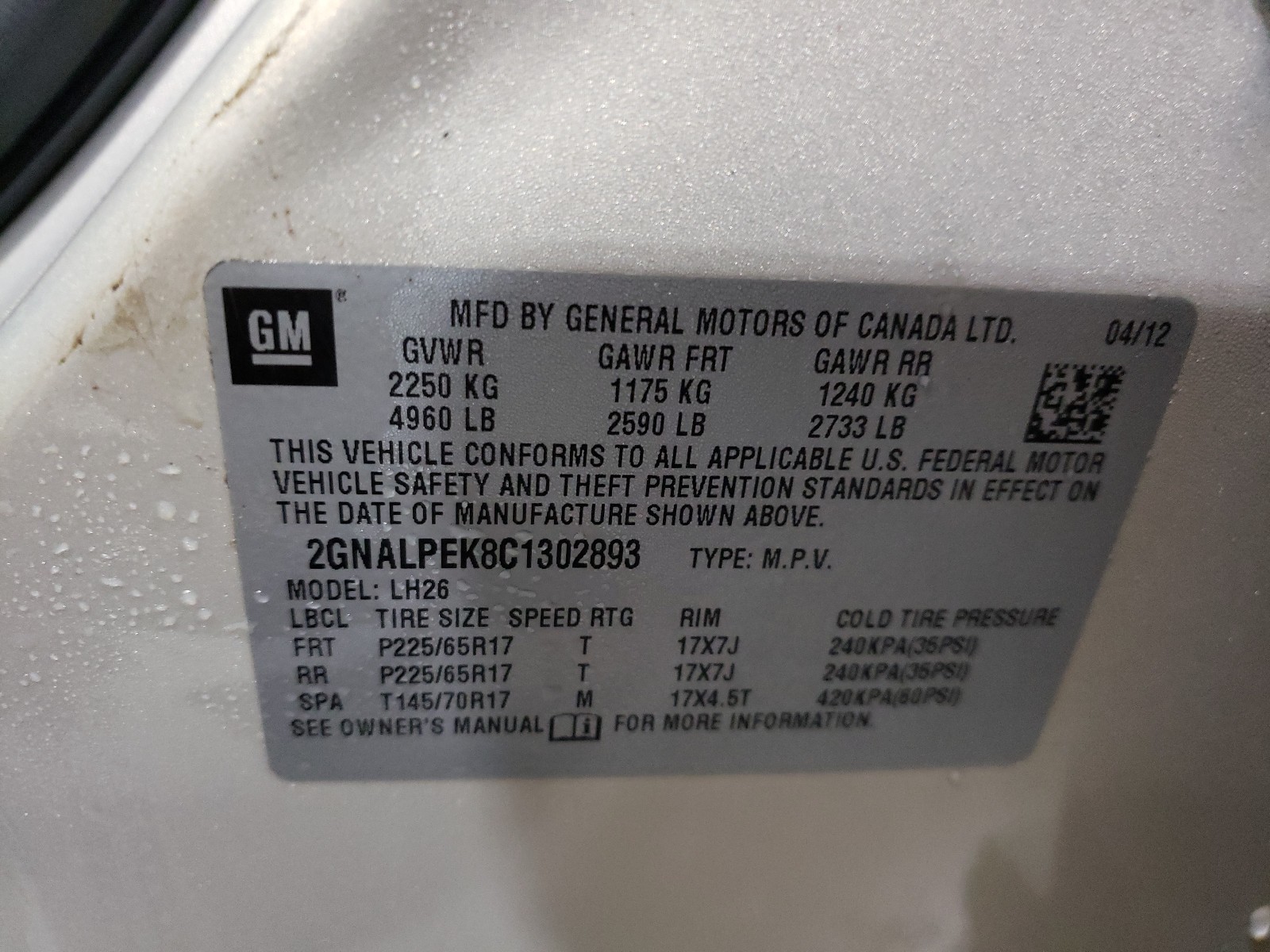 Photo 10 from auction – 2012 CHEVROLET EQUINOX LT with VIN 2GNALPEK8C1302893